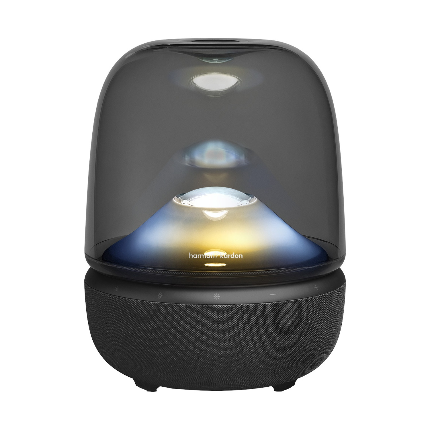 Un altoparlante nero Harman Kardon con cupola di vetro. Ha luci interne e pulsanti di controllo. Il logo è visibile.