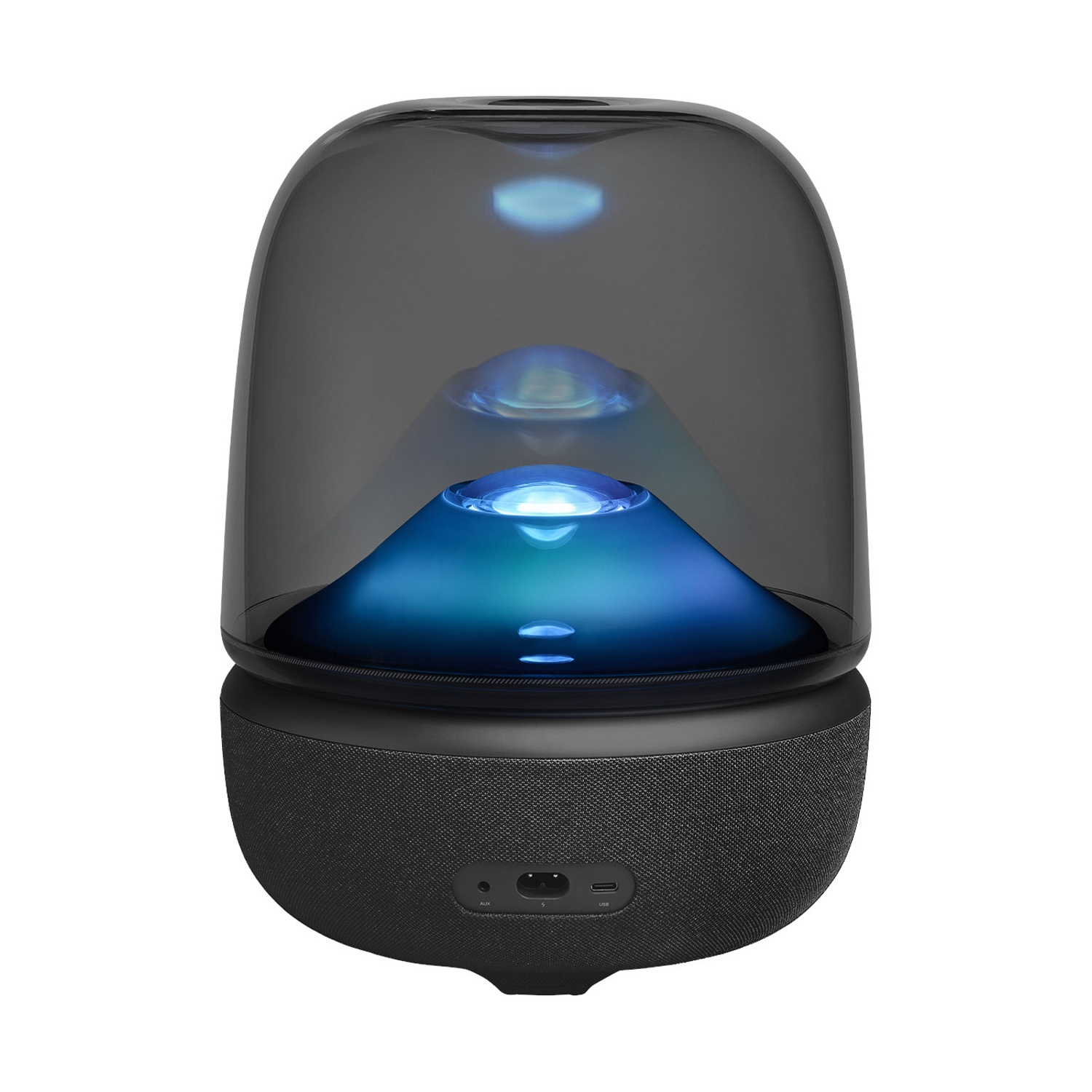 Un altoparlante moderno con base nera e parte superiore trasparente a forma di cupola con luci blu all'interno.