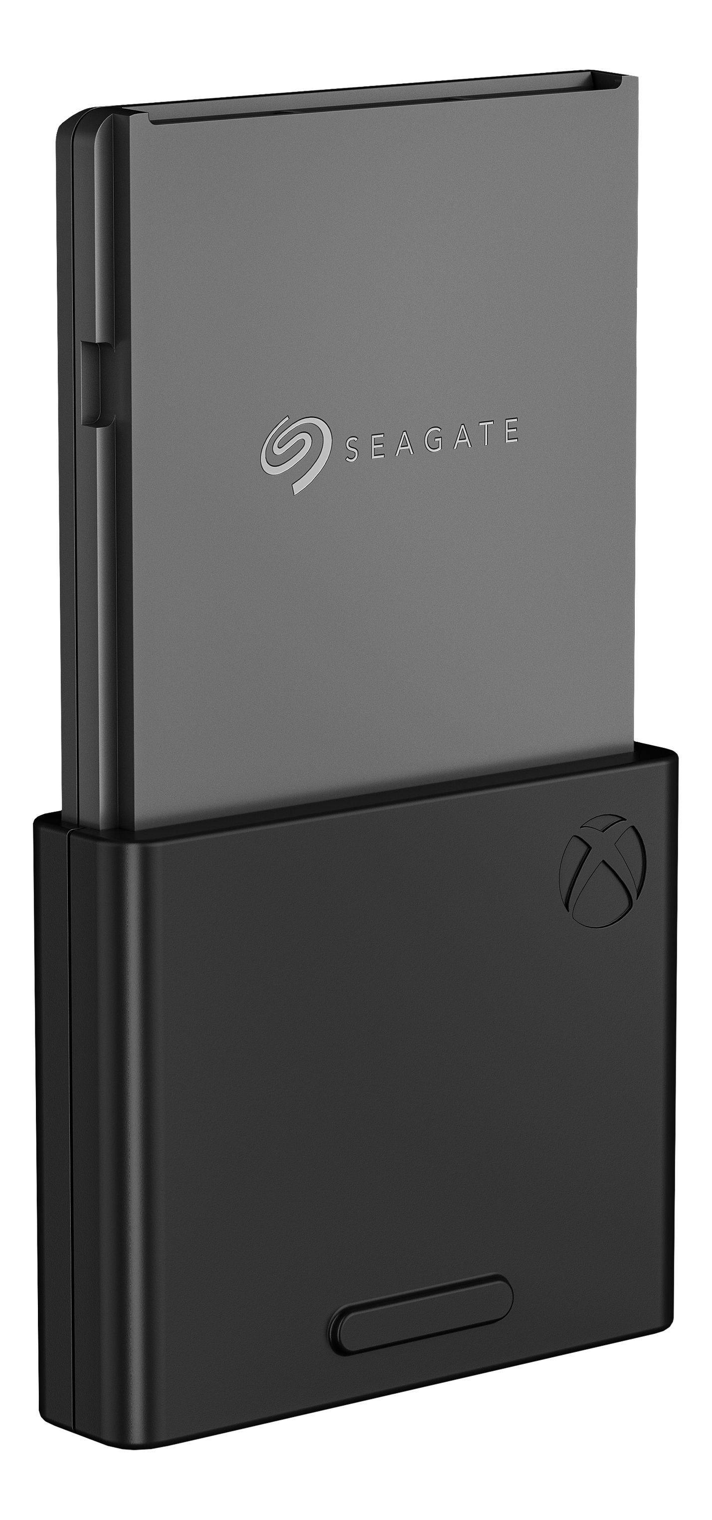 Ein Seagate-Speichergerät für Xbox. Es hat eine graue Oberseite mit dem Seagate-Logo und eine schwarze Basis mit dem Xbox-Logo.