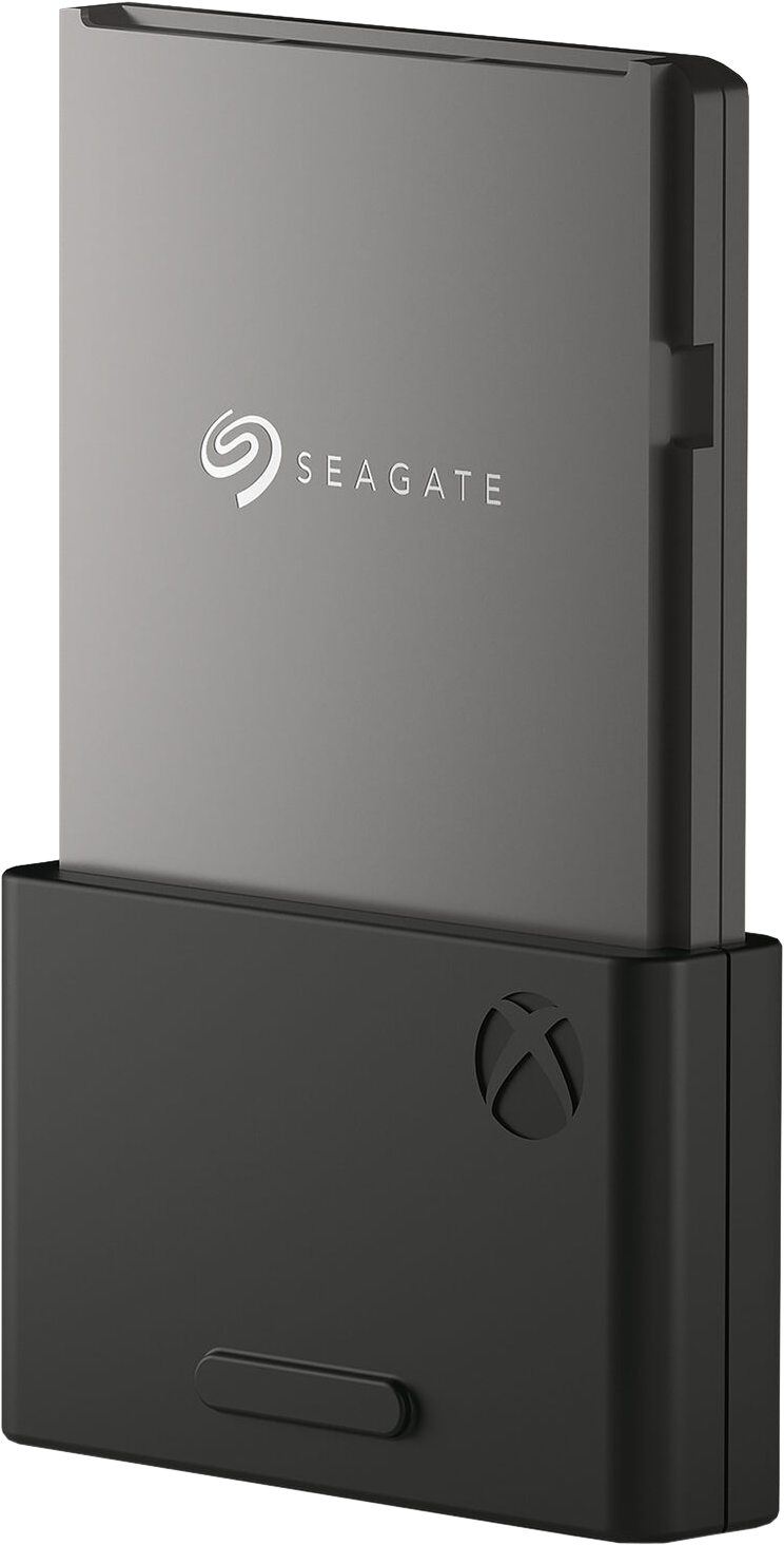 Ein Seagate-Speichergerät für Xbox. Silberner Deckel mit Seagate-Logo, schwarze Basis mit Xbox-Logo und Knopf.