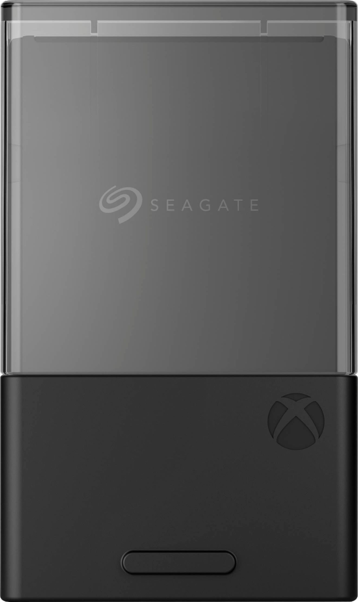Eine schwarze Seagate Xbox-Festplatte. Die Oberseite ist durchsichtig, die Mitte hat das Seagate-Logo und die Unterseite das Xbox-Logo.