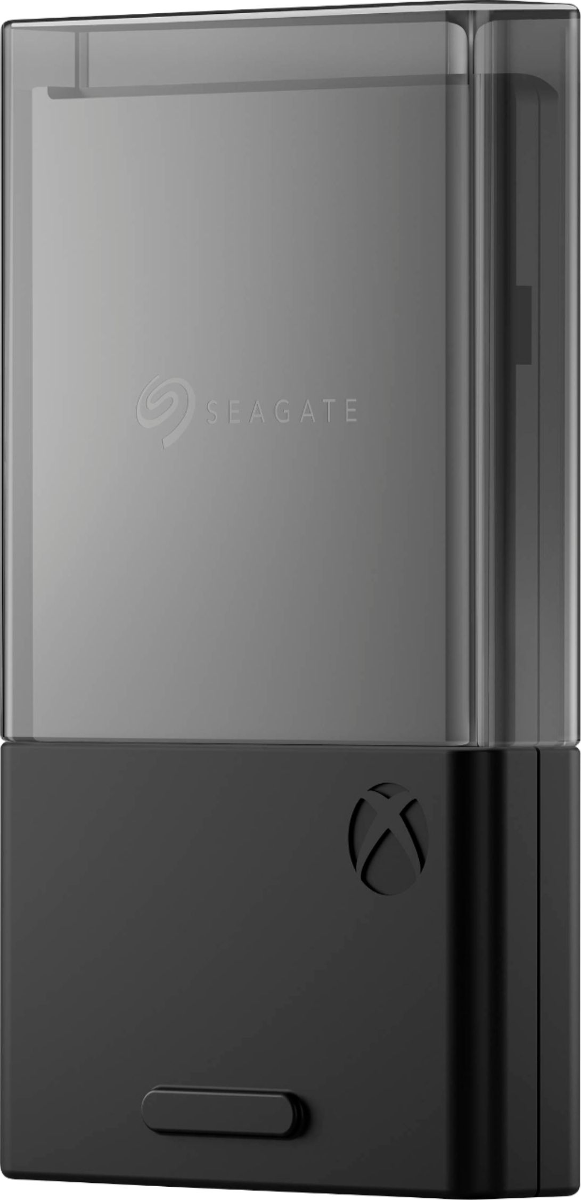 Ein schwarzes und graues Seagate Xbox-Speichergerät. Die Oberseite ist transparent und zeigt das Seagate-Logo. Die Unterseite ist schwarz.