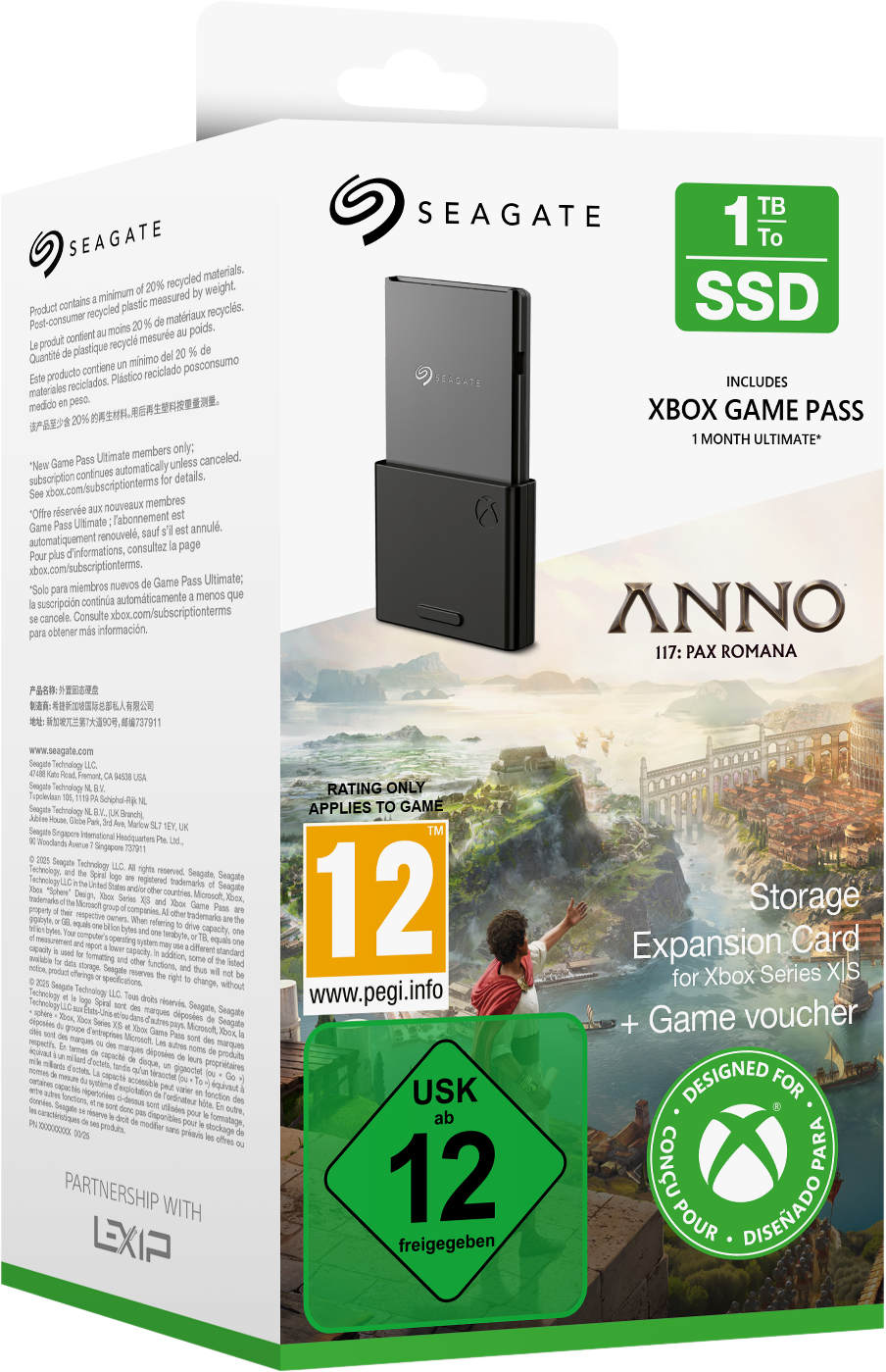 Seagate Xbox Series X|S Speichererweiterungskarte Box. Enthält Karte, 1TB SSD und Game Pass Gutschein.