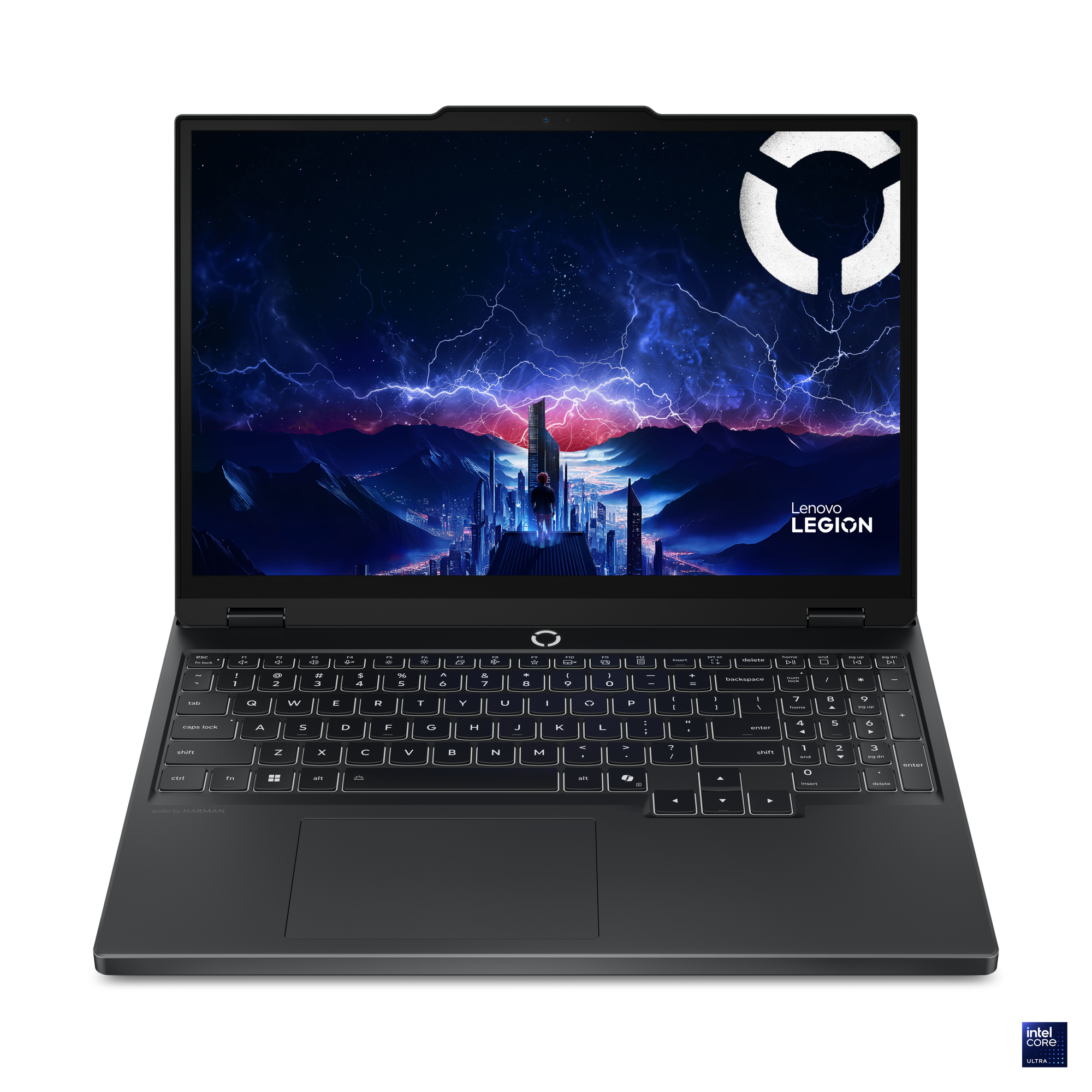 Lenovo Legion dizüstü bilgisayar. Ekranda şimşekli bir şehir var. Klavye görünür.