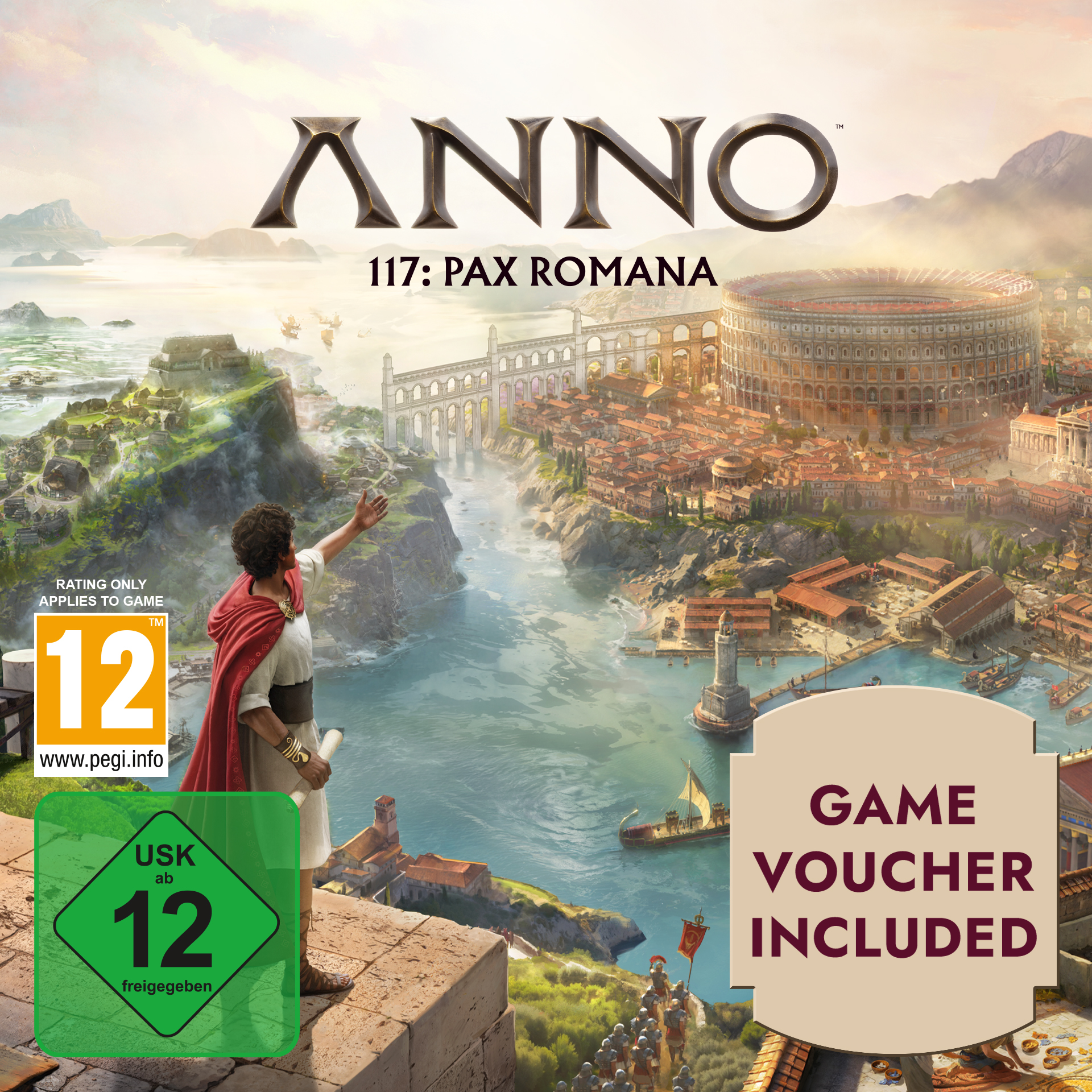 Spielcover. ANNO 117: Pax Romana. Ein Mann mit rotem Umhang deutet auf eine detaillierte römische Stadt.