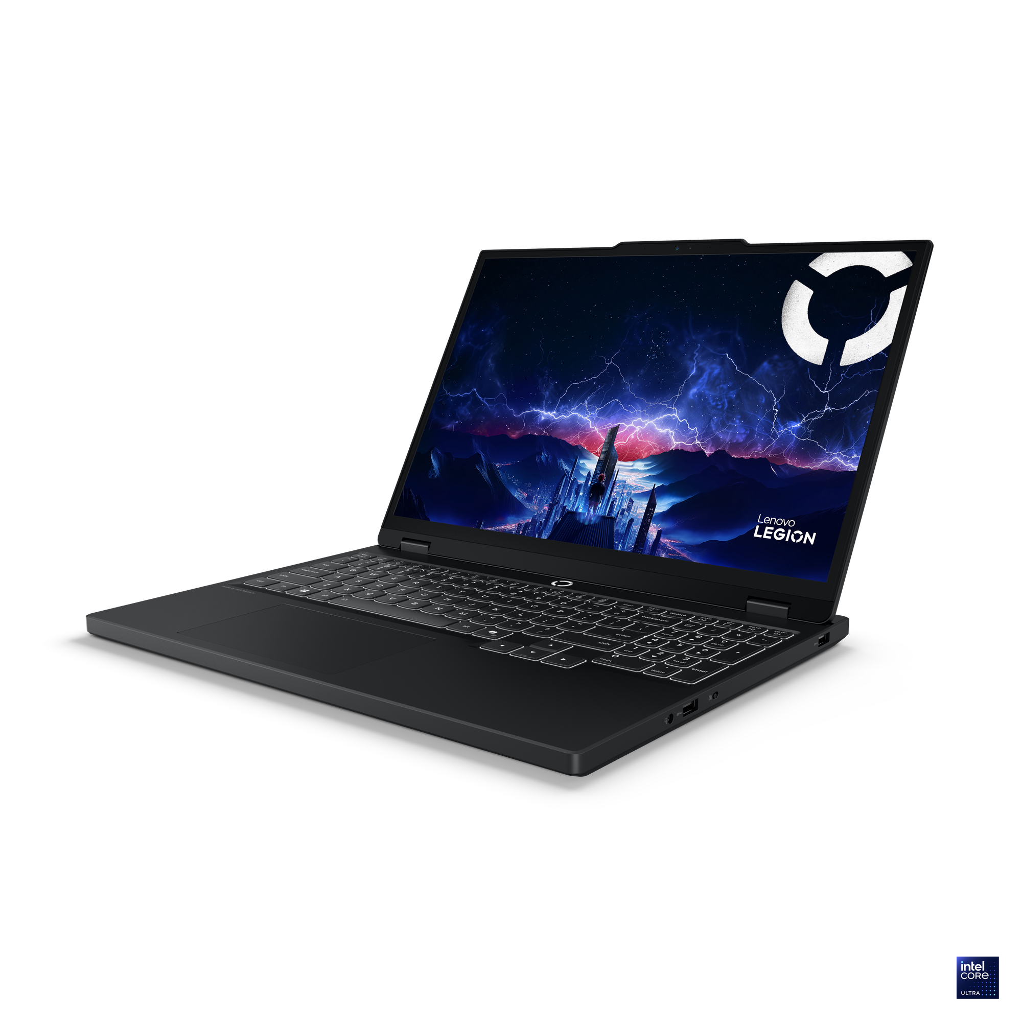 Siyah zemin üzerinde siyah Lenovo Legion dizüstü bilgisayar. Ekran, beyaz logolu fırtınalı şehir sahnesini gösteriyor. Intel Core Ultra.