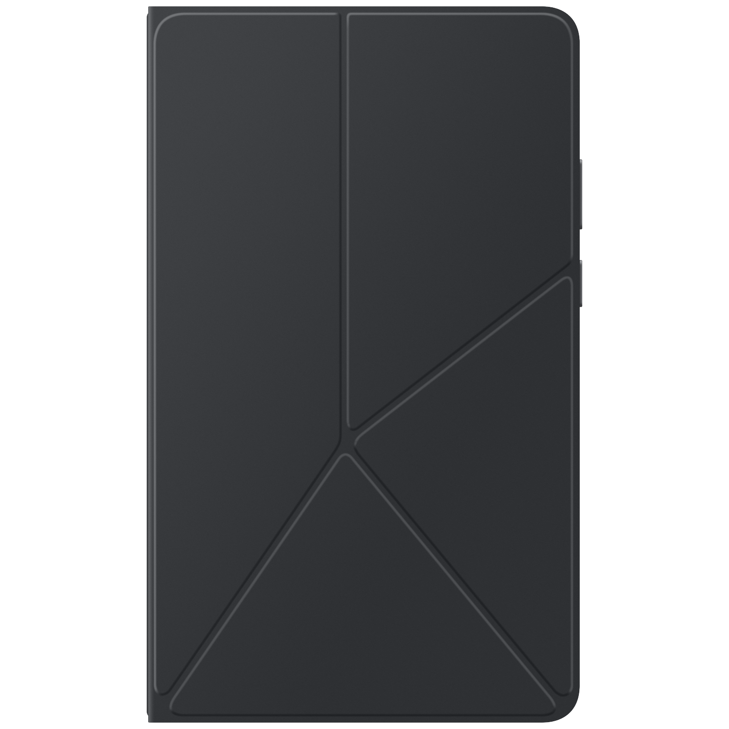 A close-up of a dark gray tablet case. The case has a folding design with geometric lines and a smooth, matte finish.
