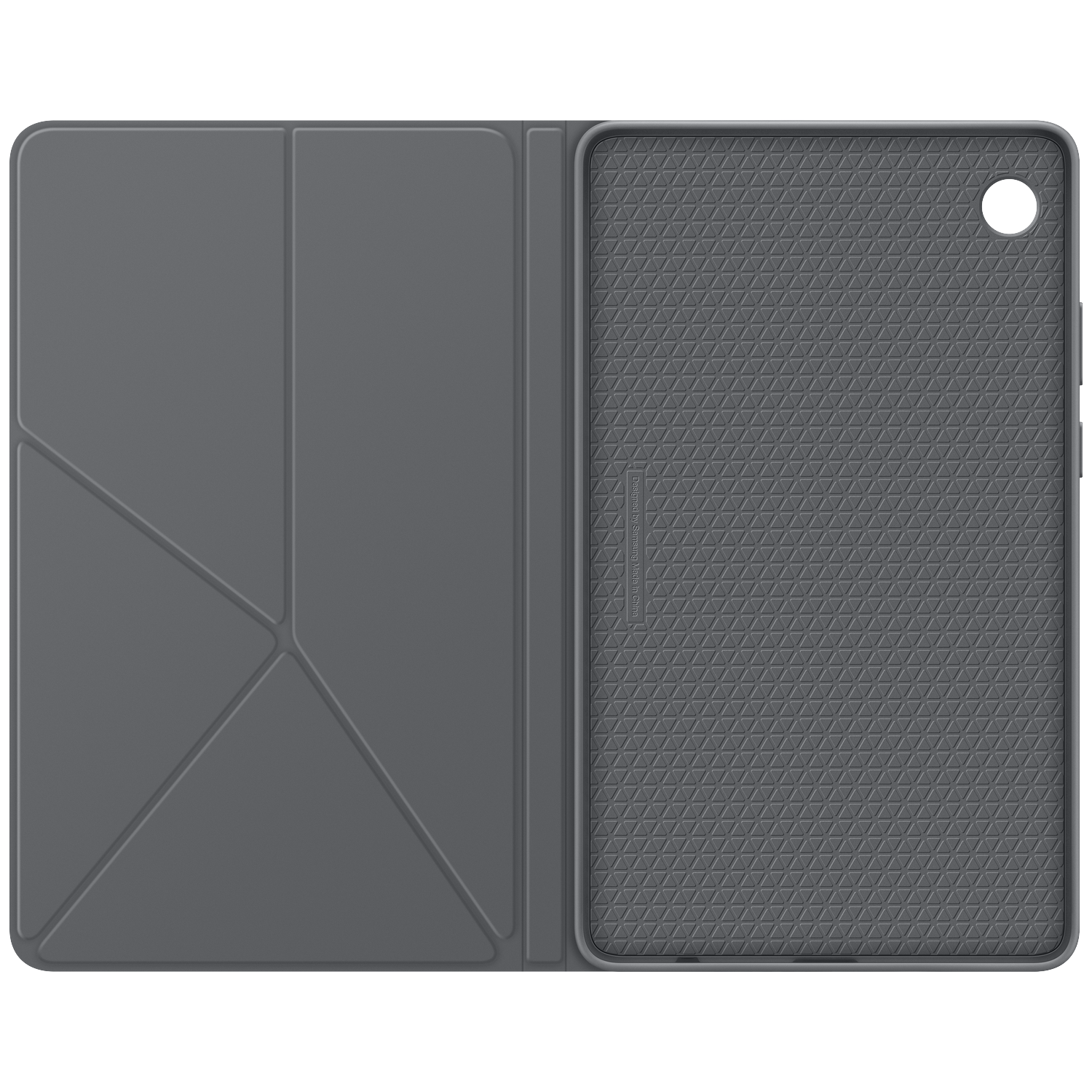 Open gray tablet case. The left side is folded with angular lines, the right side shows a textured interior, and a camera hole.