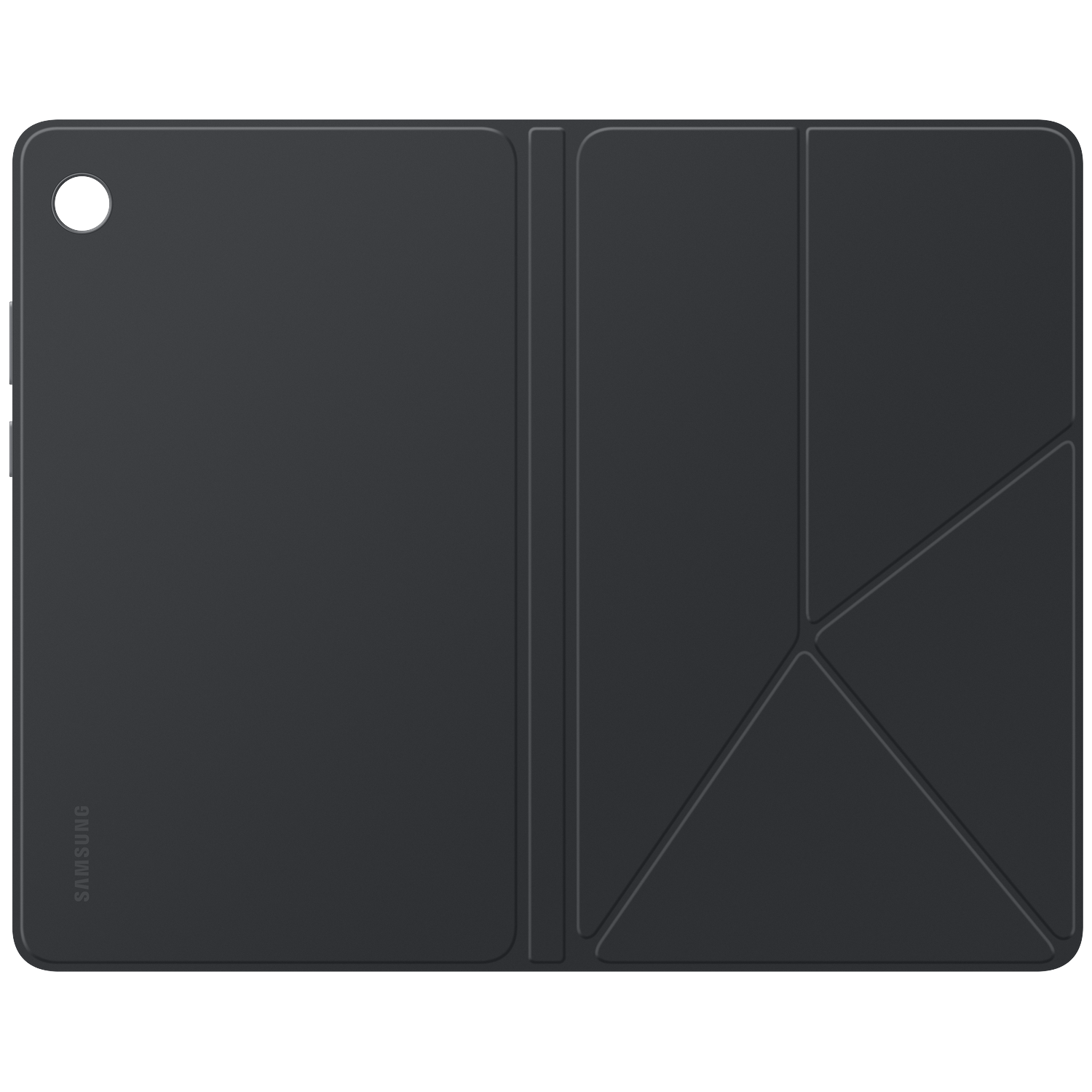 A black tablet case with a cover that folds in three parts. The brand "SAMSUNG" is printed vertically on the side.