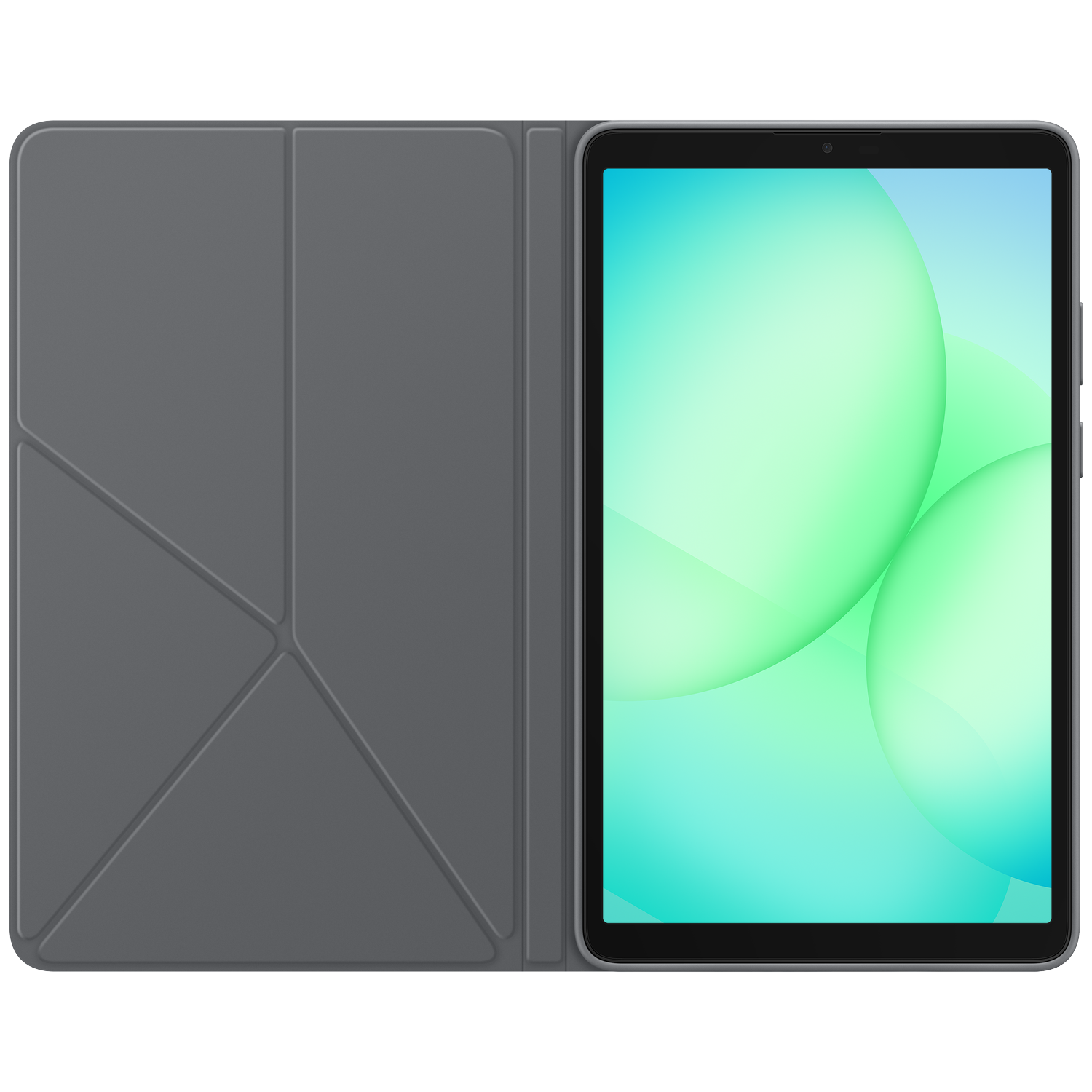 Tablet with a gray cover open to show the screen with green and blue gradient circles. The cover is on the left.