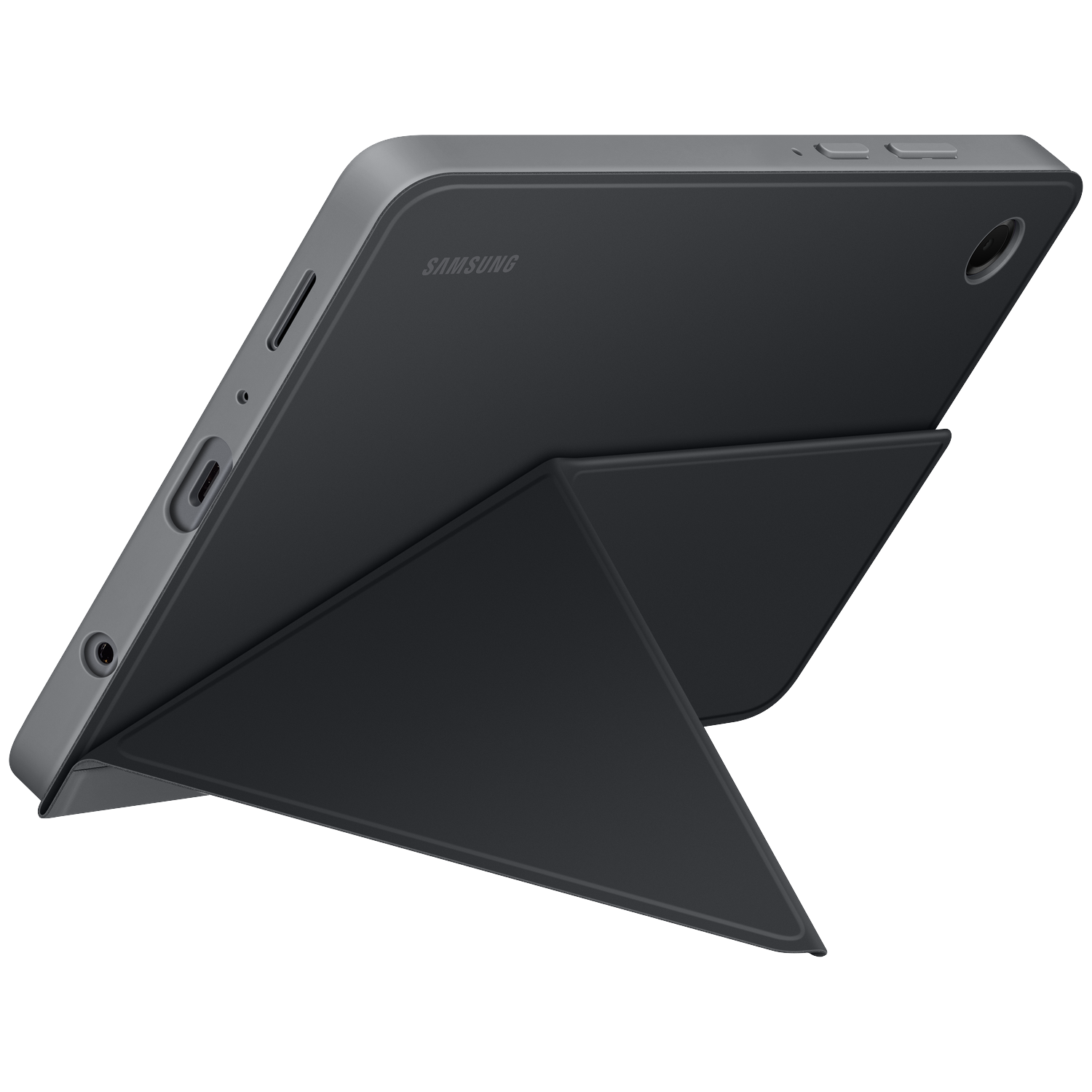 A black Samsung tablet in a gray case, angled, showing ports, buttons, and the Samsung logo. The case is folded into a stand.
