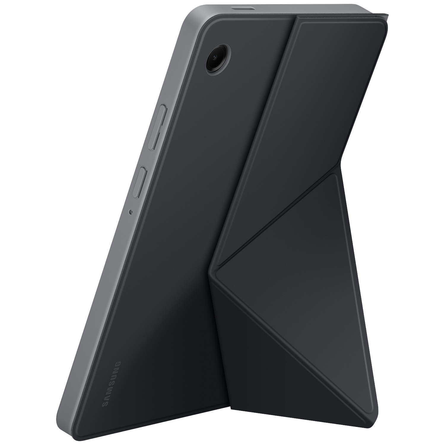 A black Samsung tablet with a dark gray case, propped up. The case folds to act as a stand. 'SAMSUNG' is visible.