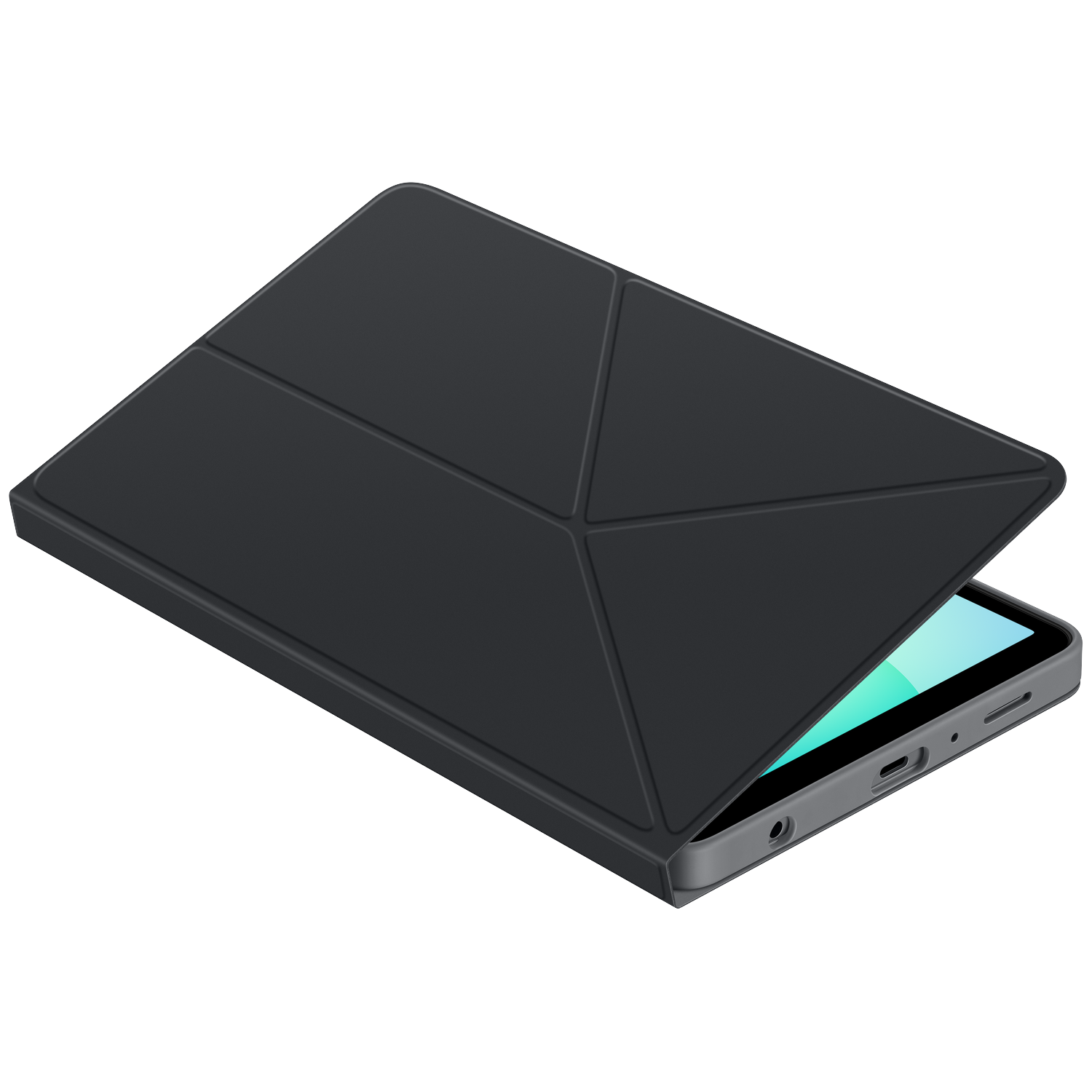 A black tablet case partially open, revealing the tablet screen. The case is angled, and set against a white background.