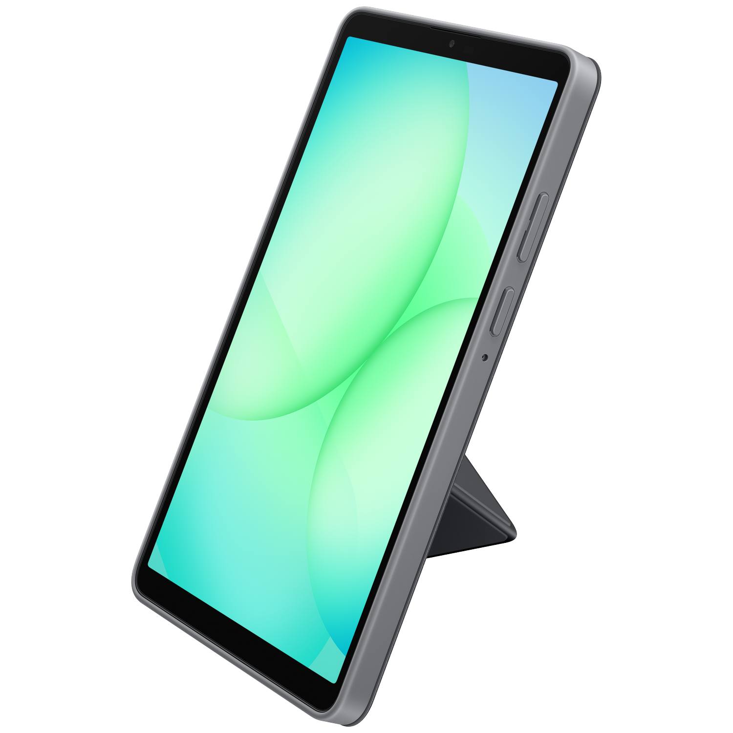 Tablet with a green and blue screen, propped up by a gray cover on a white background. The tablet is angled.
