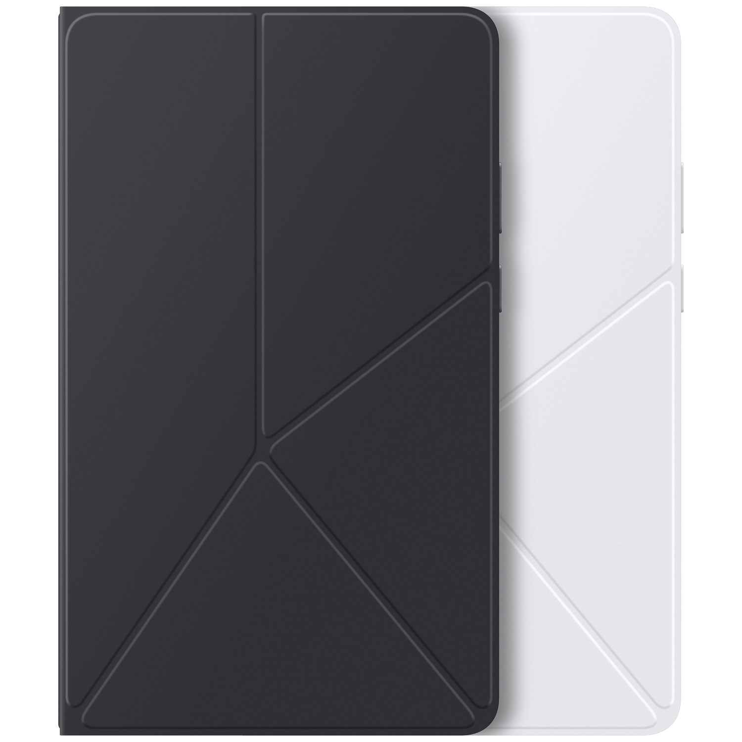 Two phone cases, one black and one white, are shown. Each case is folded, with geometric patterns on the front.
