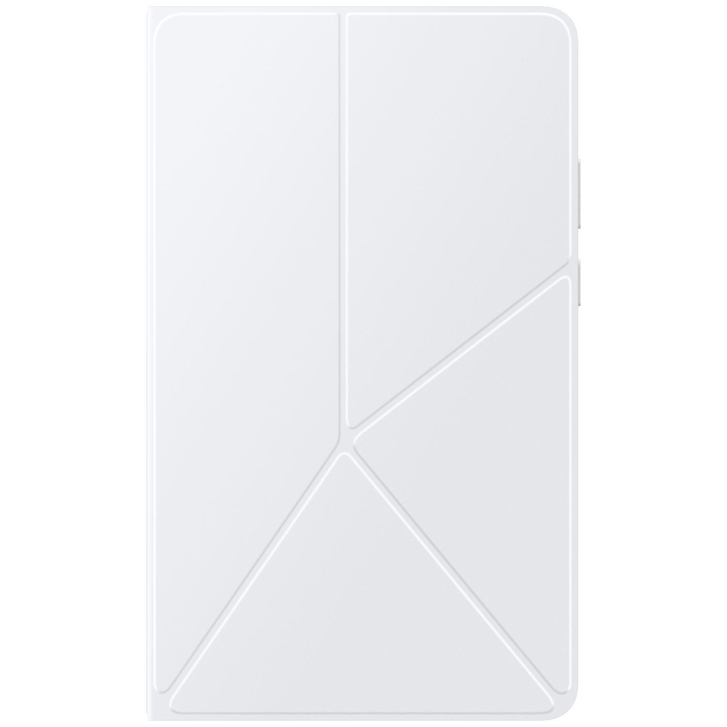 A white tablet cover with geometric design. The cover is closed, and features a series of lines creating triangular shapes.