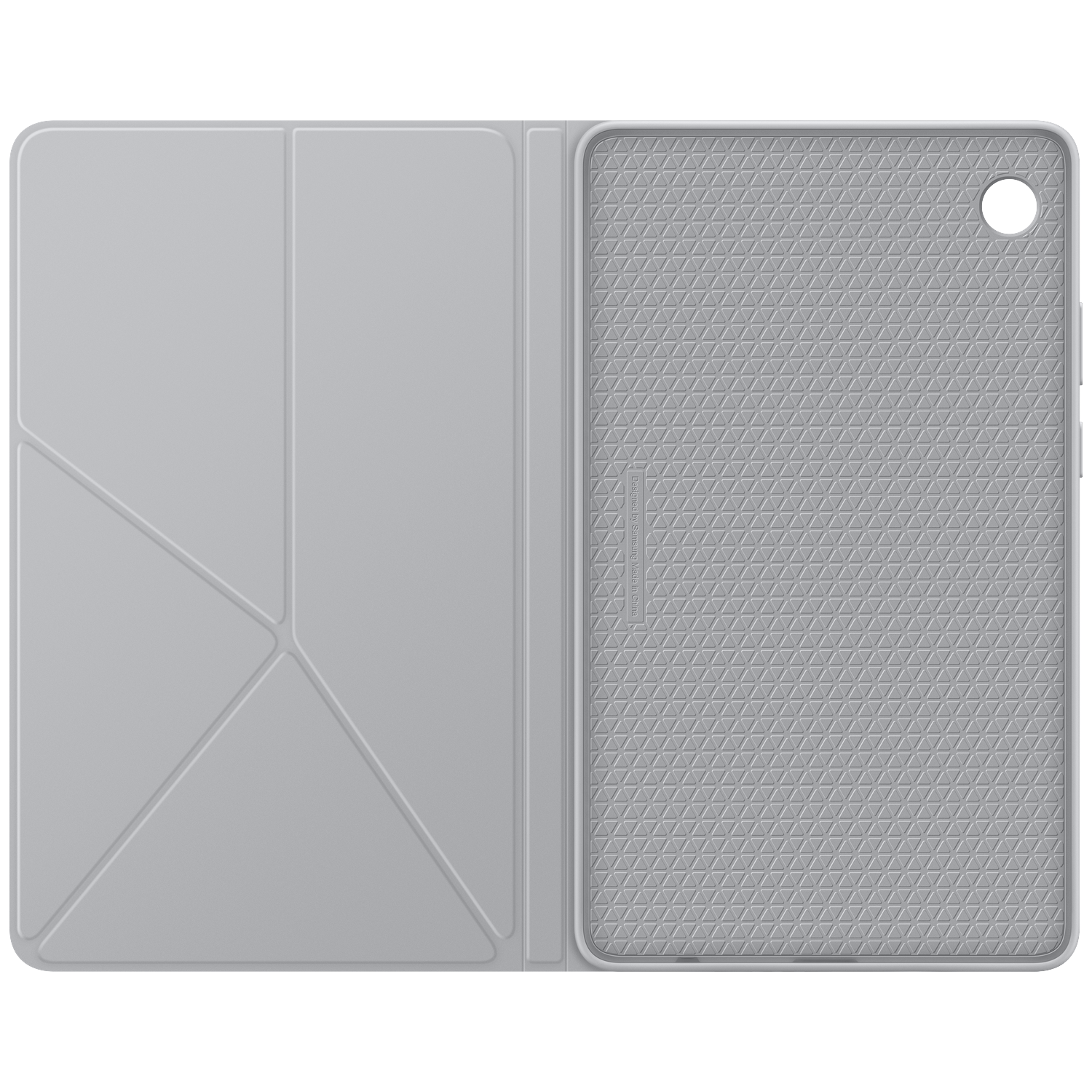 Open gray tablet case. Left side is folded. Right side has textured surface, hole. White background.