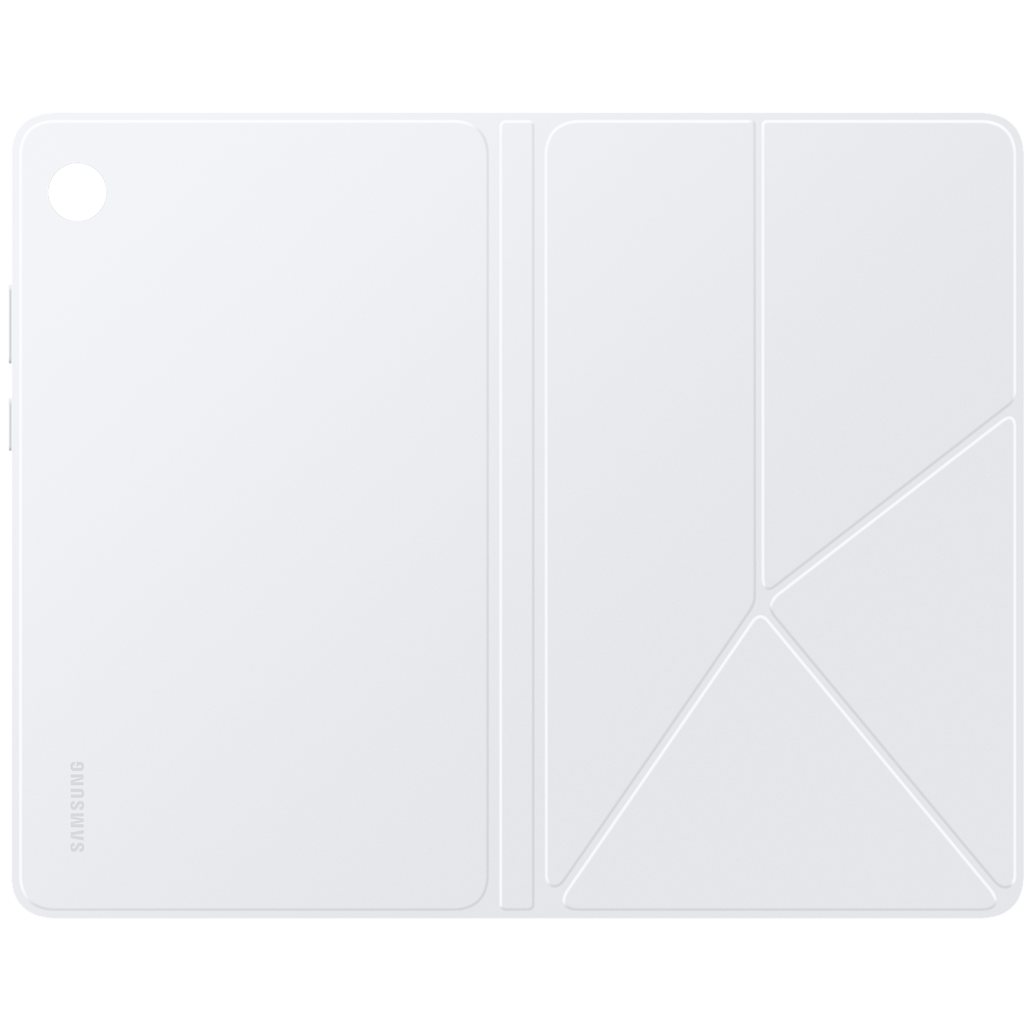 White tablet cover with Samsung logo. The cover is folded with geometrical patterns. A round camera hole is visible.