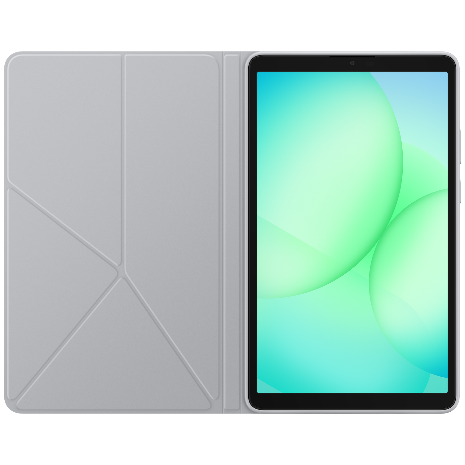 Tablet with gray cover open. The screen displays green and blue circles. The cover is folded. White background.