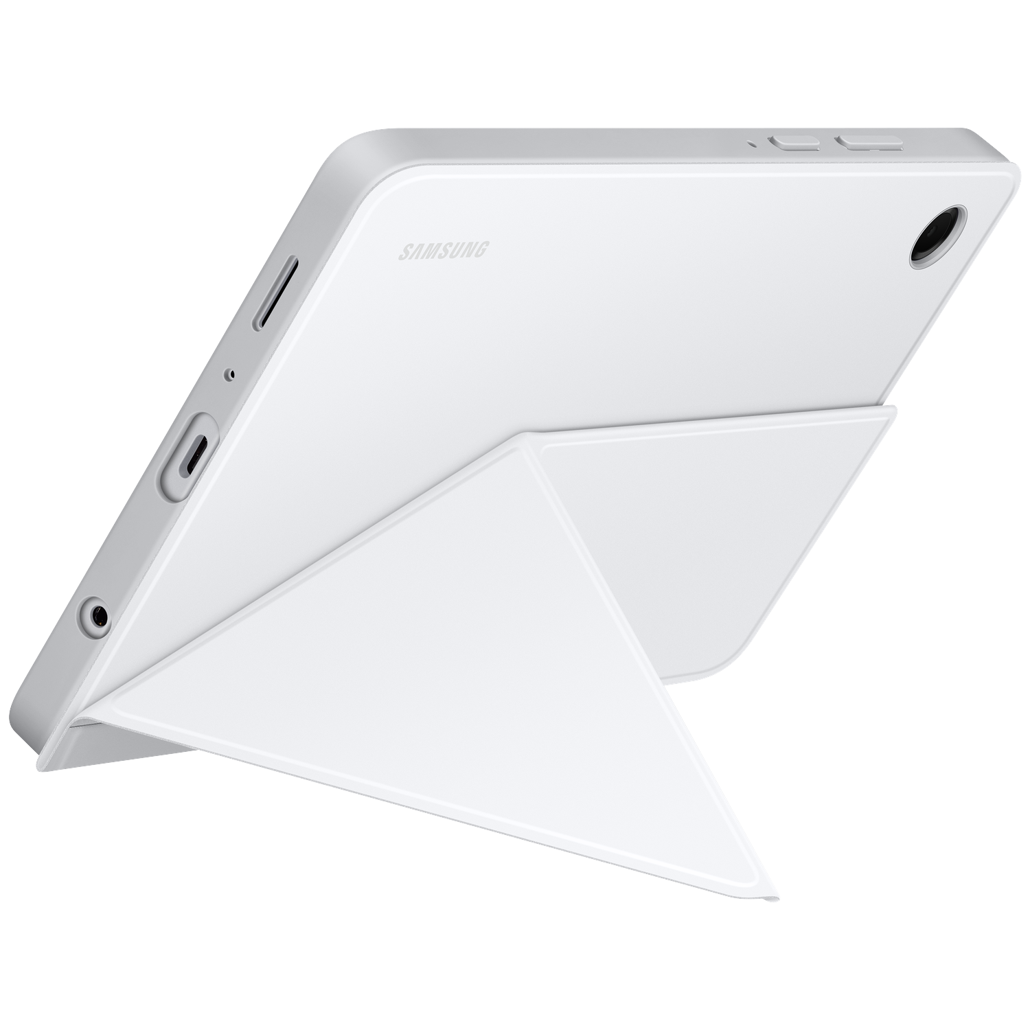 White Samsung tablet with a white cover, angled, showing ports, buttons, and camera. The cover is acting as a stand.
