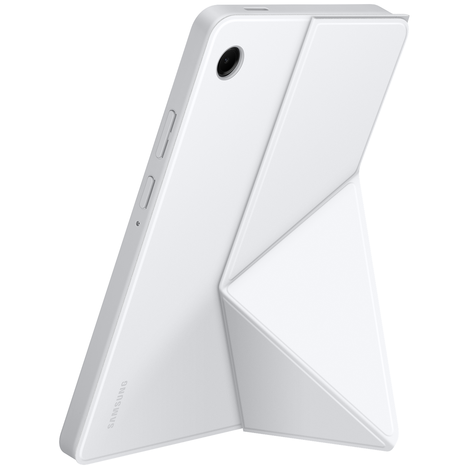 A white Samsung tablet with a white cover, angled and standing. The cover folds into a stand. The tablet has a camera lens.