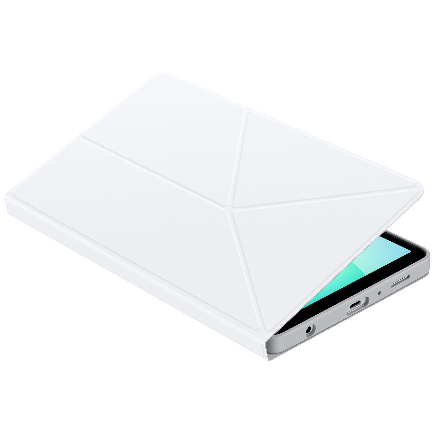 A white tablet with its cover partially open. The screen is visible. The cover has a geometric design.