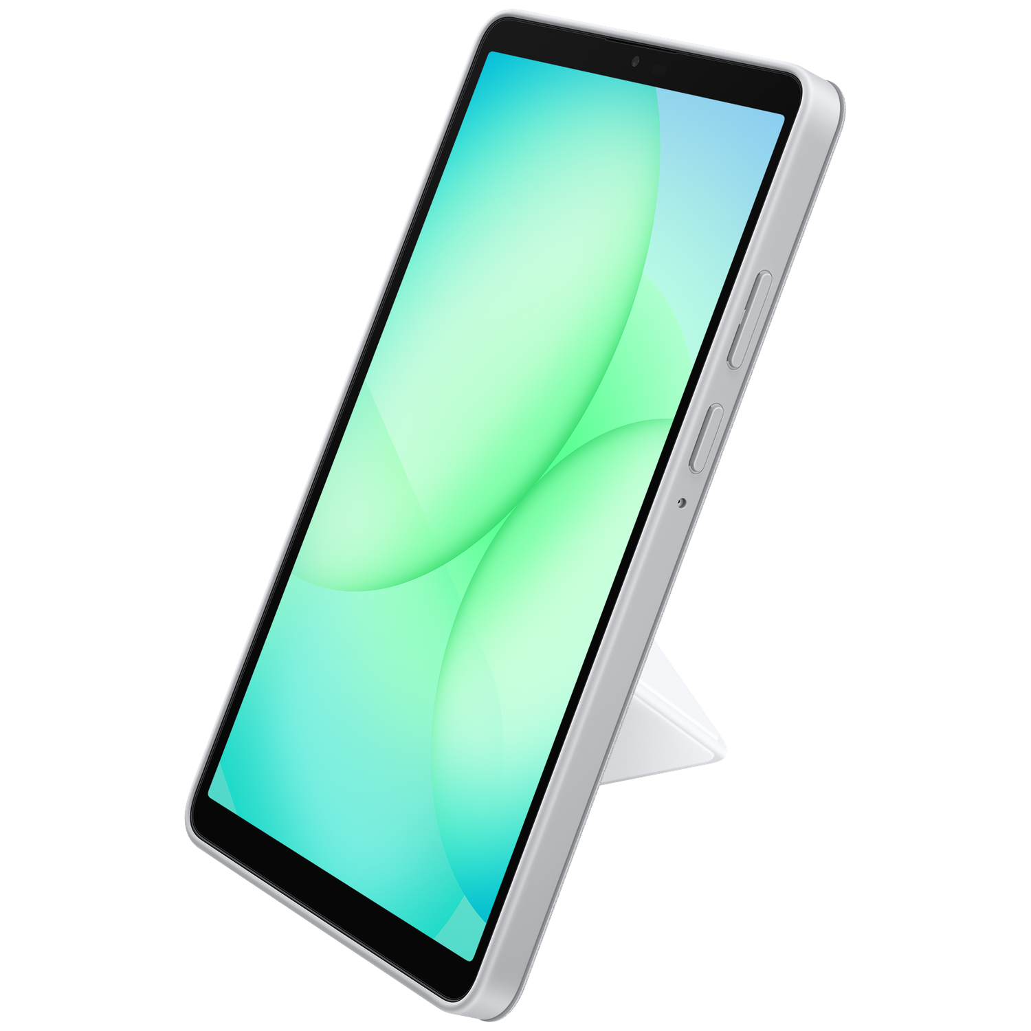 A silver tablet with a green and blue gradient screen. It is propped up by a white stand, the background is white.