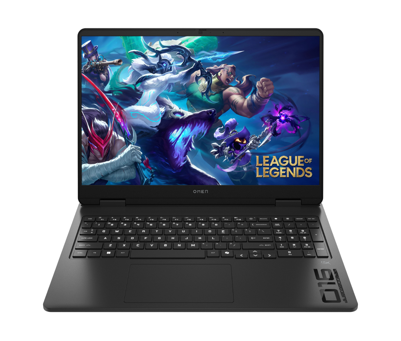 League of Legends oyunu açık bir laptop. Laptop siyah, klavye ve dokunmatik yüzey mevcut. Ekran oyun karakterlerini gösteriyor.