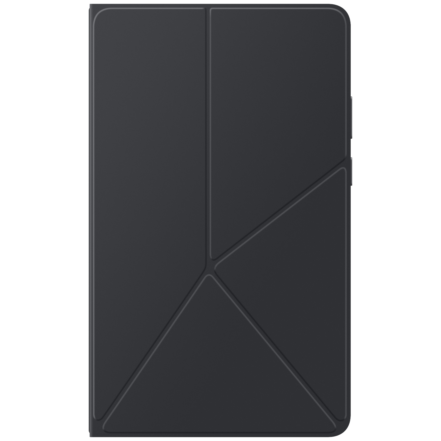 Une housse de tablette gris foncé, pliée. Elle présente des motifs géométriques et une texture lisse. Le côté droit a un bouton bleu.