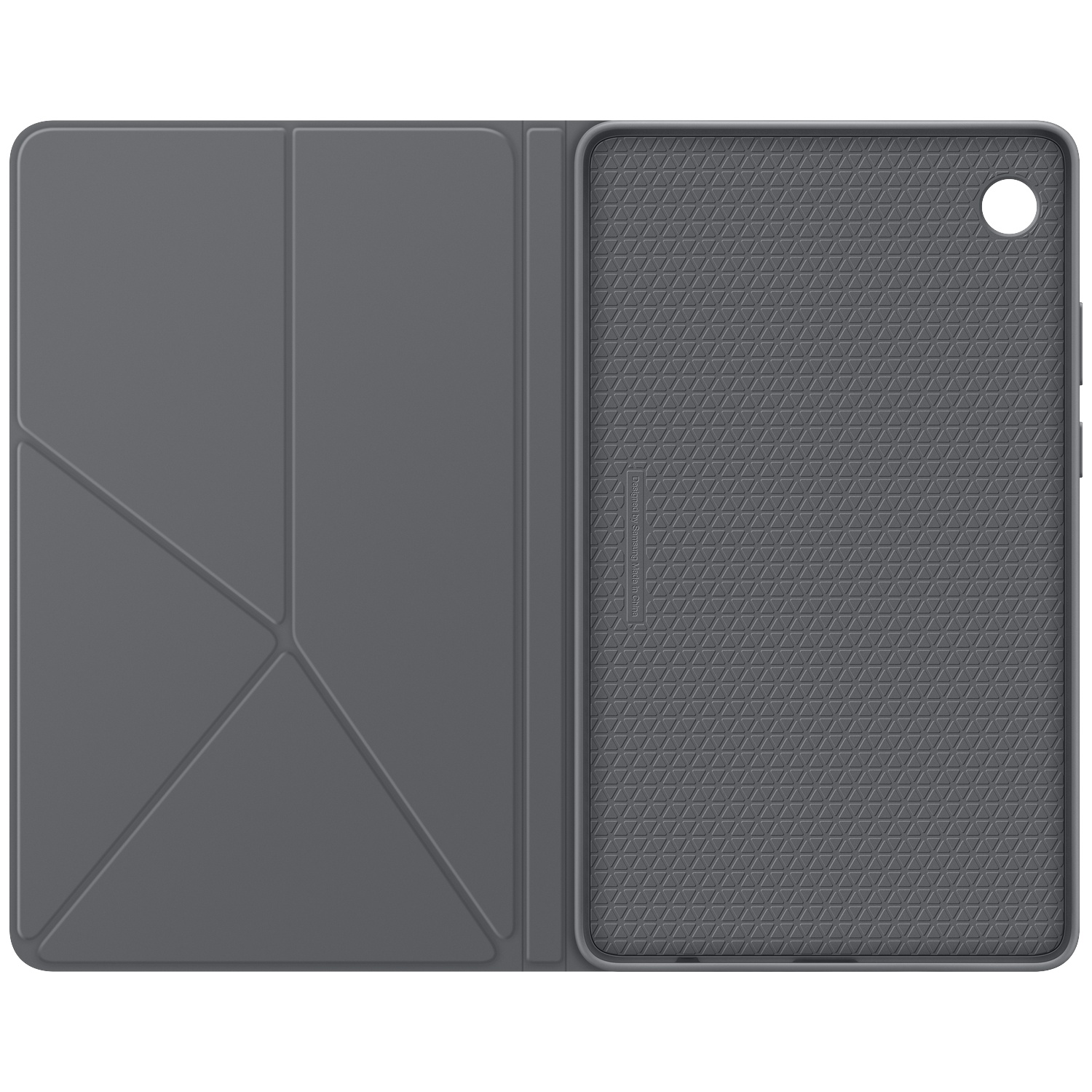 Étui de tablette gris ouvert. Le côté gauche est plié. Le côté droit montre une tablette avec une surface texturée et une caméra blanche.