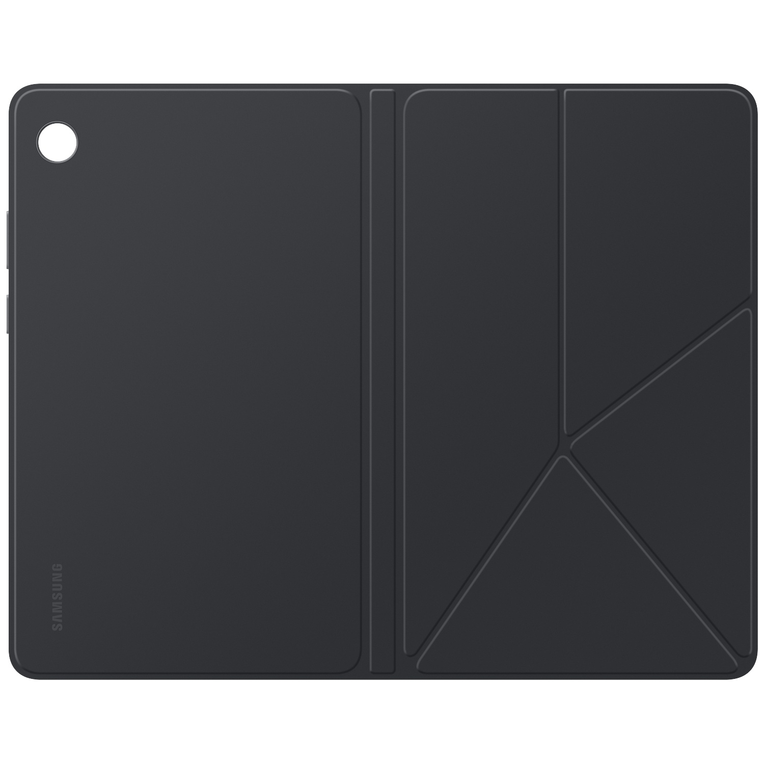 Une housse noire pour tablette Samsung, pliée. Elle a un trou pour l'appareil photo et le logo Samsung. La housse est en matériau mat.