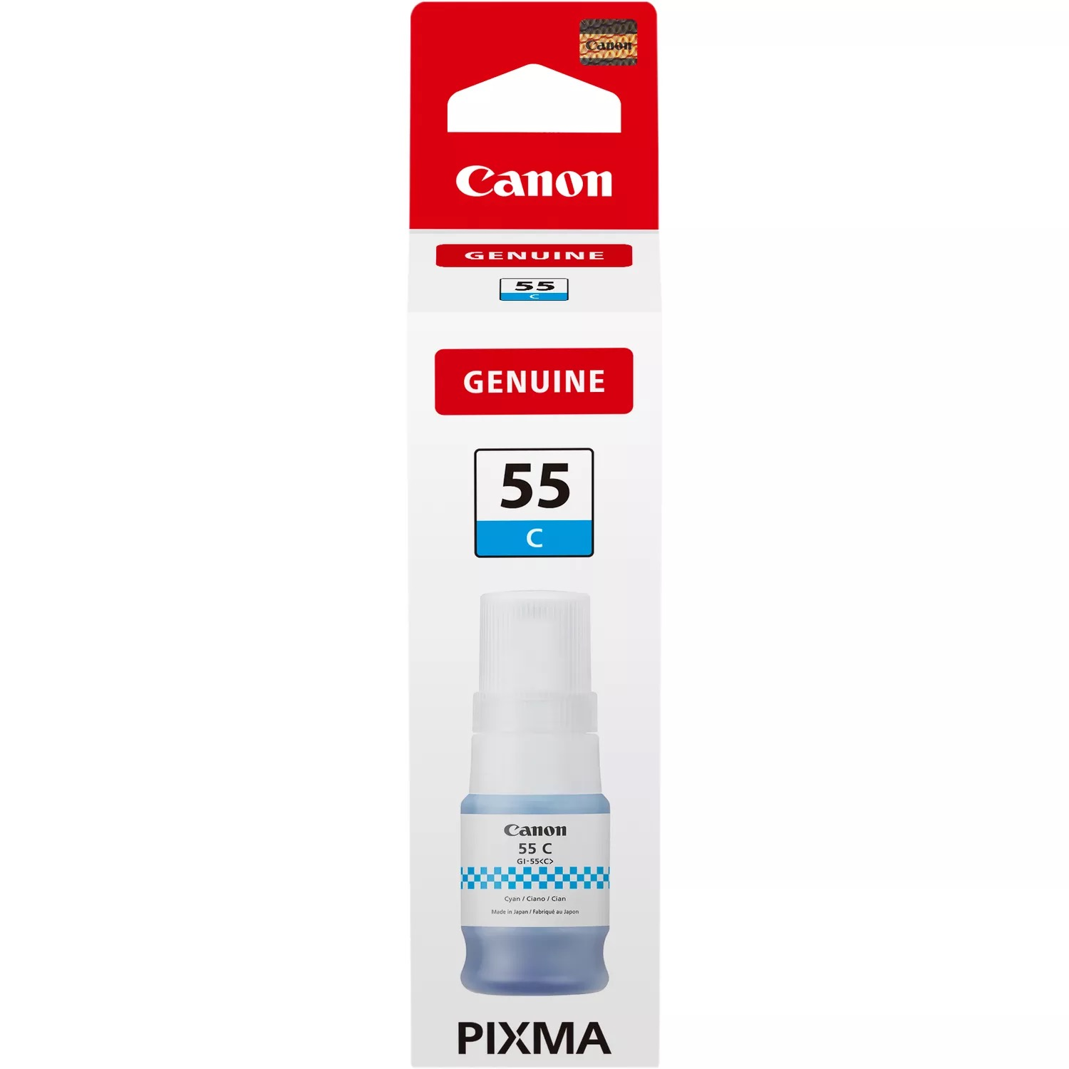 Eine Canon-Tintenflasche mit rot-weißer Verpackung. Die Flasche enthält blaue Tinte. Der Text enthält 'Canon', 'Genuine' und '55 C'.