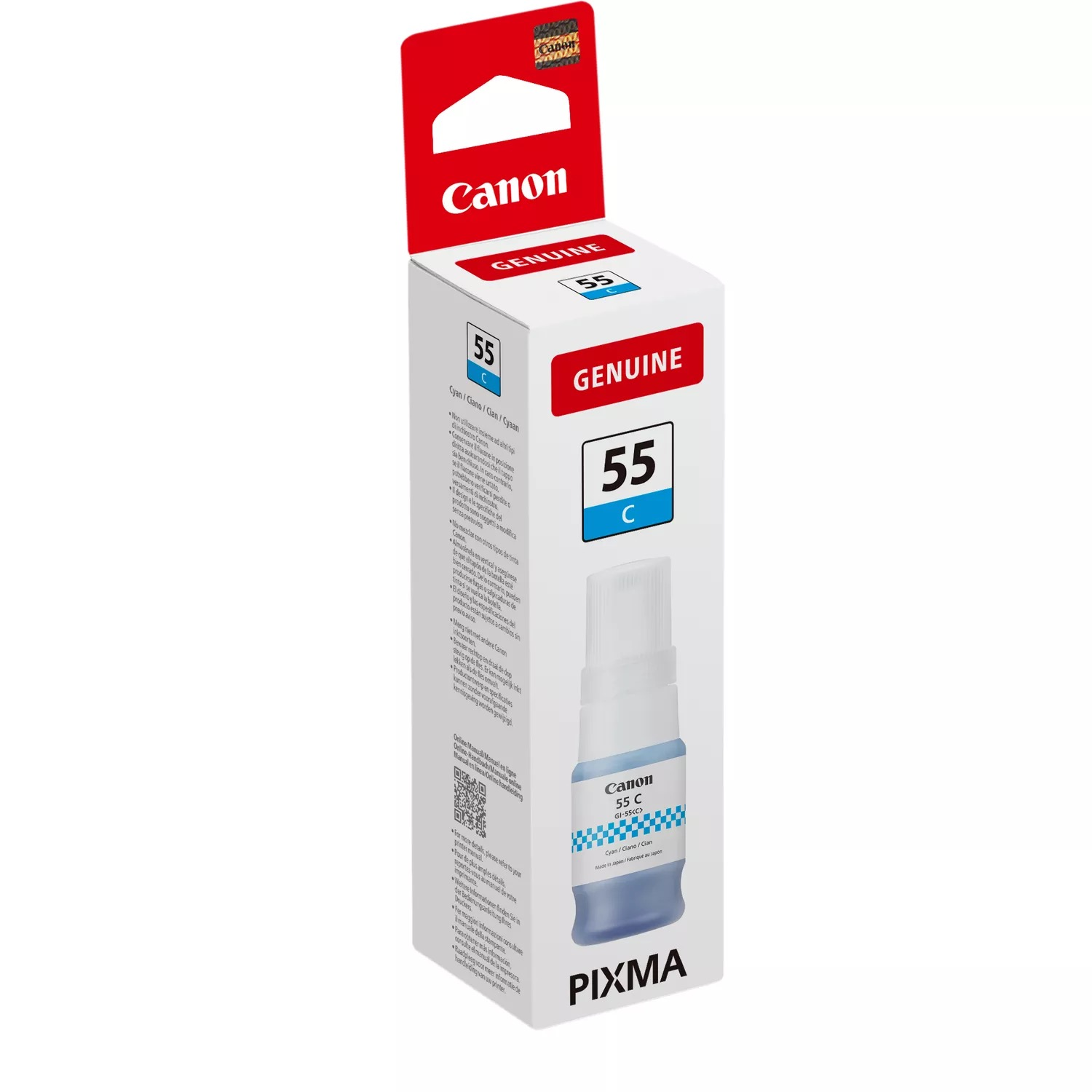 Eine Canon-Tintenpatronenbox mit der Aufschrift 'Genuine 55 C'. Die Box ist weiß mit roten und blauen Akzenten und einer blauen Tintenflasche.
