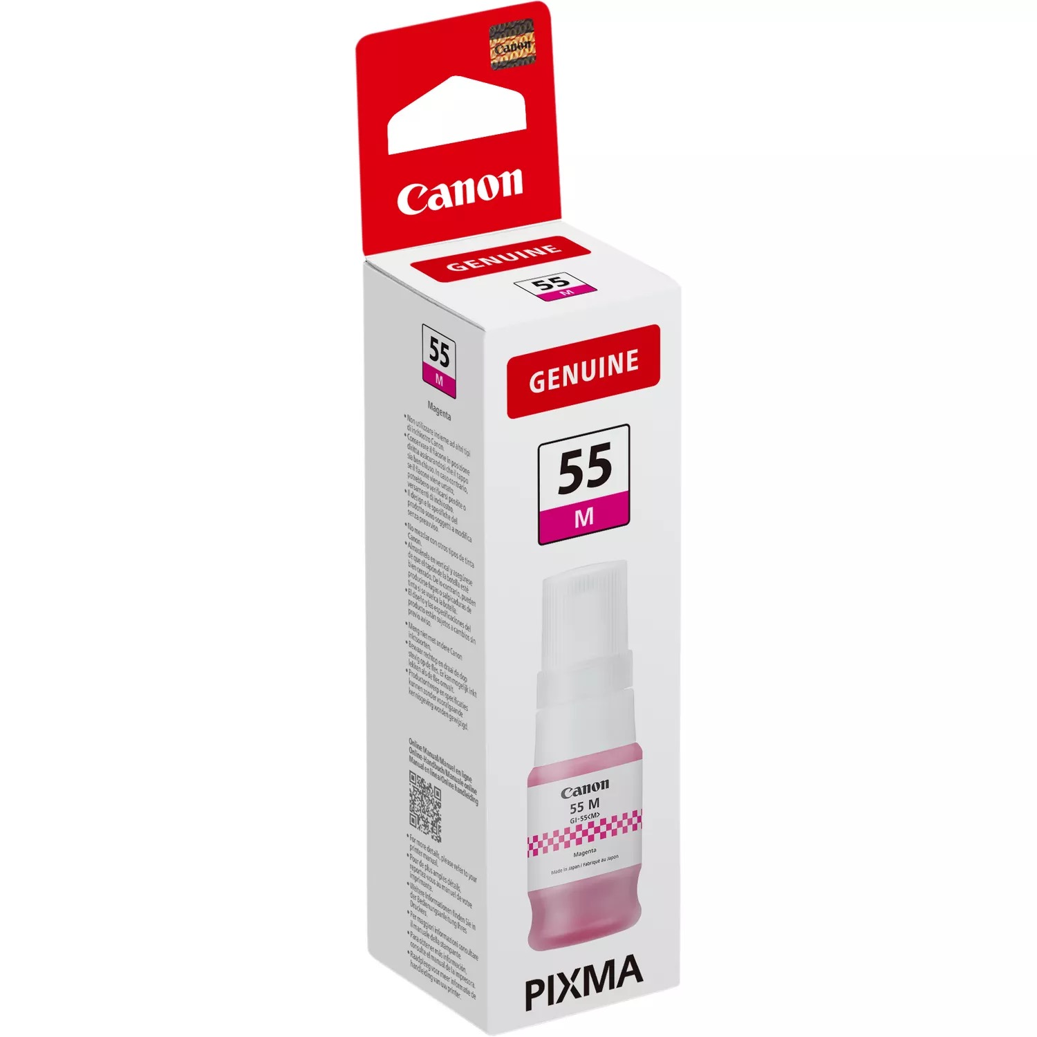 Eine Canon-Tintenflasche, magenta, mit der Aufschrift '55 M Genuine' und 'PIXMA', wird auf einer weißen Schachtel angezeigt.