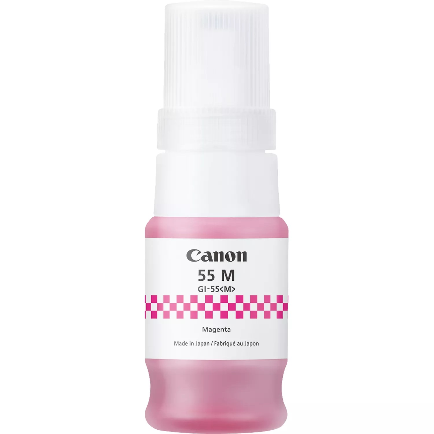 Eine Canon Magenta-Tintenflasche. Sie hat einen weißen Deckel und einen rosa Körper. Das Etikett lautet 'Canon 55 M' und 'Magenta'.
