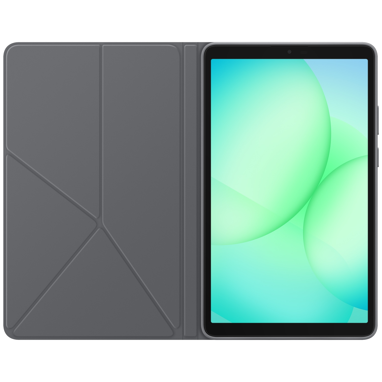 Tablette avec étui gris, ouverte pour révéler un écran avec des cercles dégradés verts et bleus. L'étui est replié.