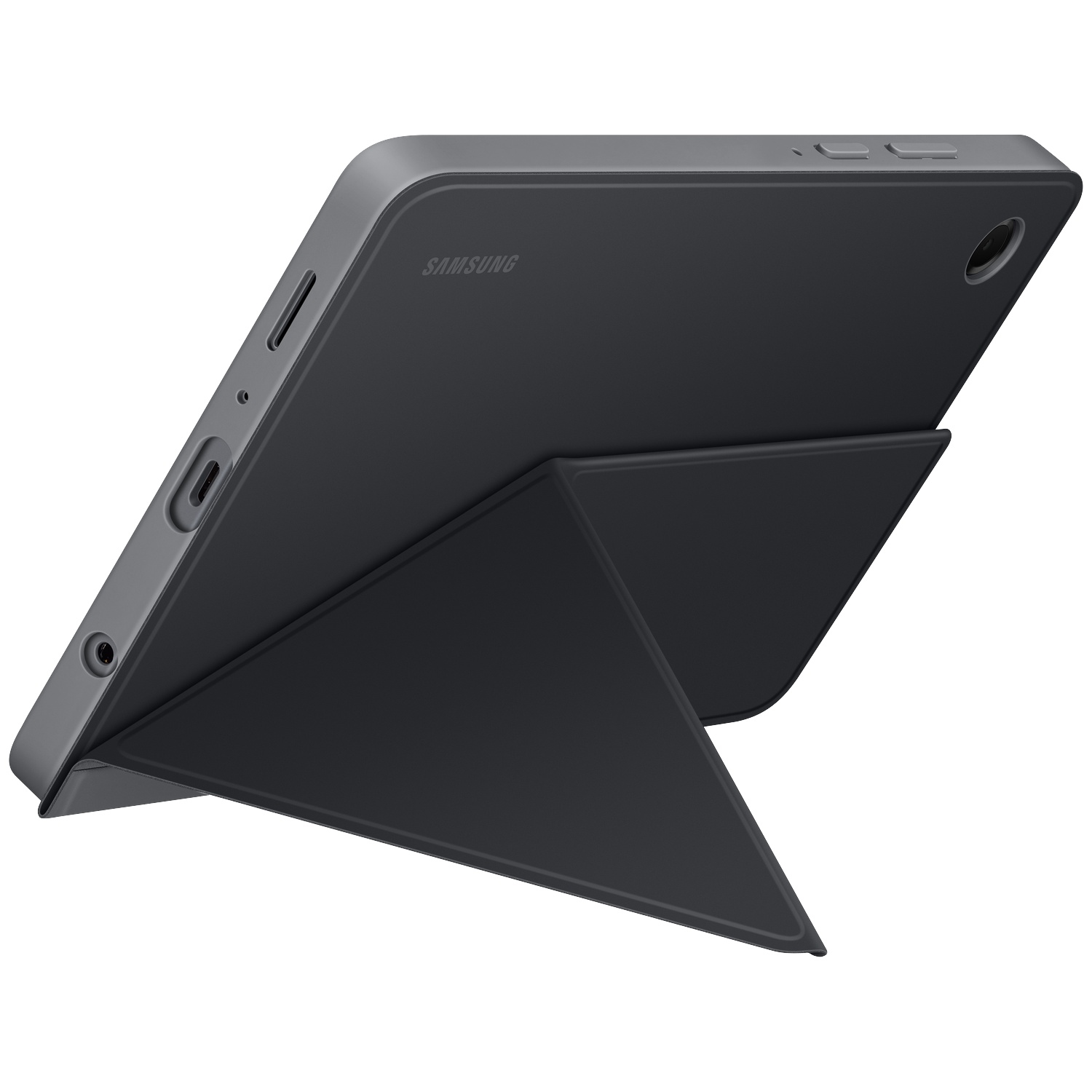 Une tablette Samsung noire avec un étui gris foncé, soutenue par une couverture pliée. Le logo Samsung est visible.