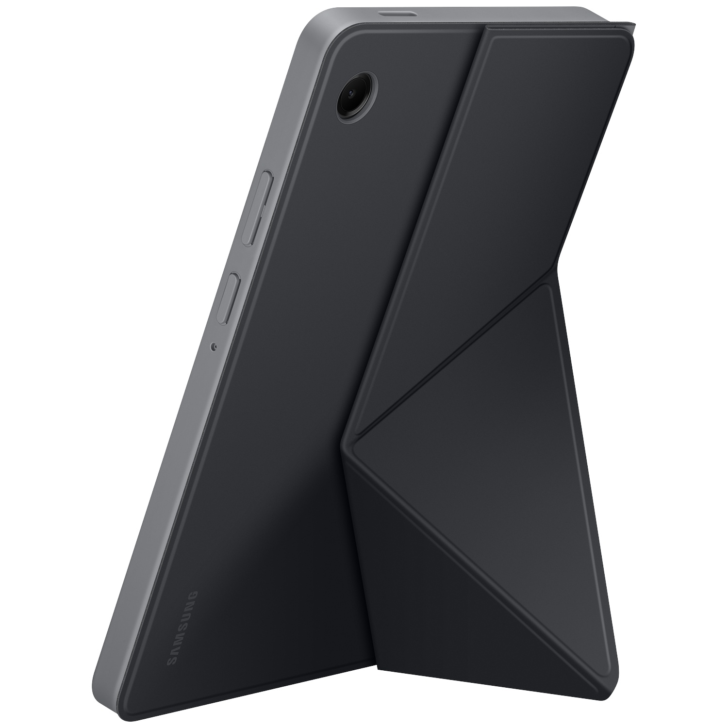 Une tablette Samsung noire avec un étui gris foncé, maintenue. L'étui se plie pour servir de support. 'SAMSUNG' est visible.