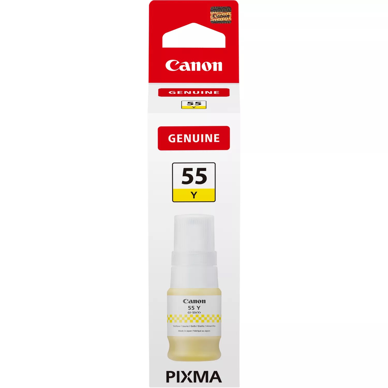 Eine Canon-Tintenflasche, gelbe Tinte sichtbar. Text beinhaltet 'Genuine', '55 Y' und 'PIXMA'. Die Verpackung ist rot und weiß.