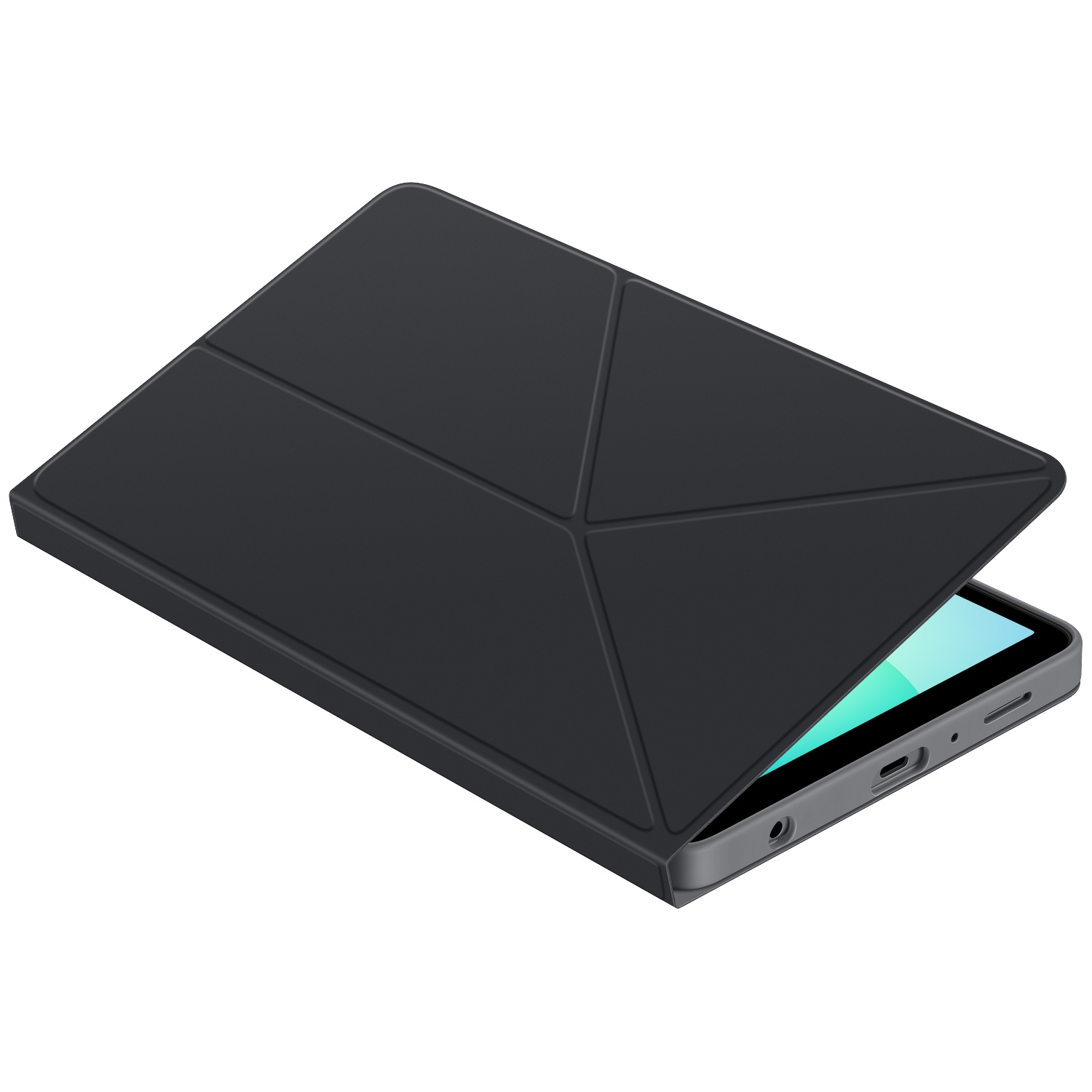 Un étui de tablette noir partiellement ouvert, révélant un écran. L'étui est triangulaire avec un design géométrique. La tablette est grise.