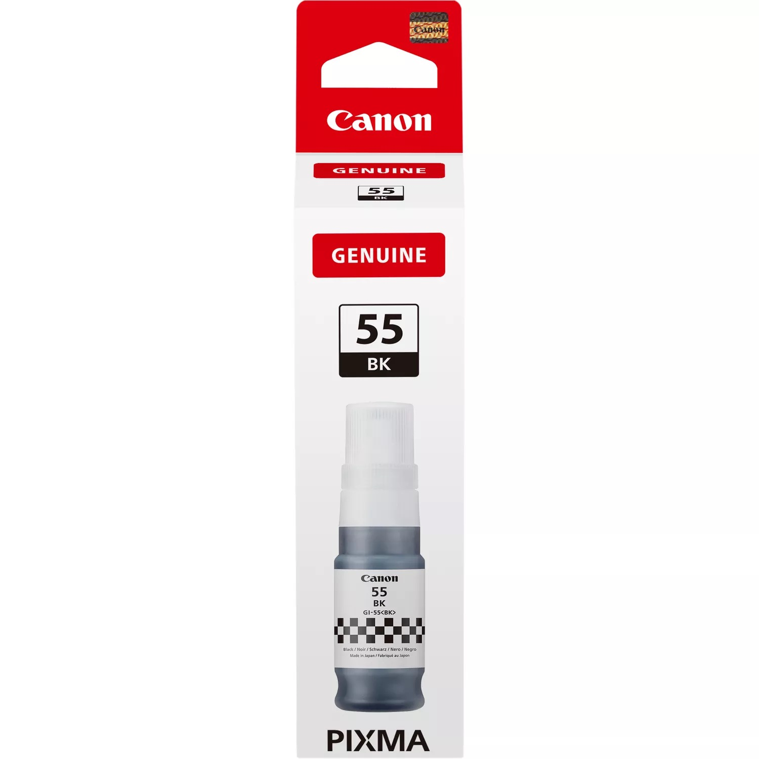 Eine Canon-Tintenpatronenbox. Sie hat den Markennamen, Produktinformationen und eine schwarze Tintenflasche.