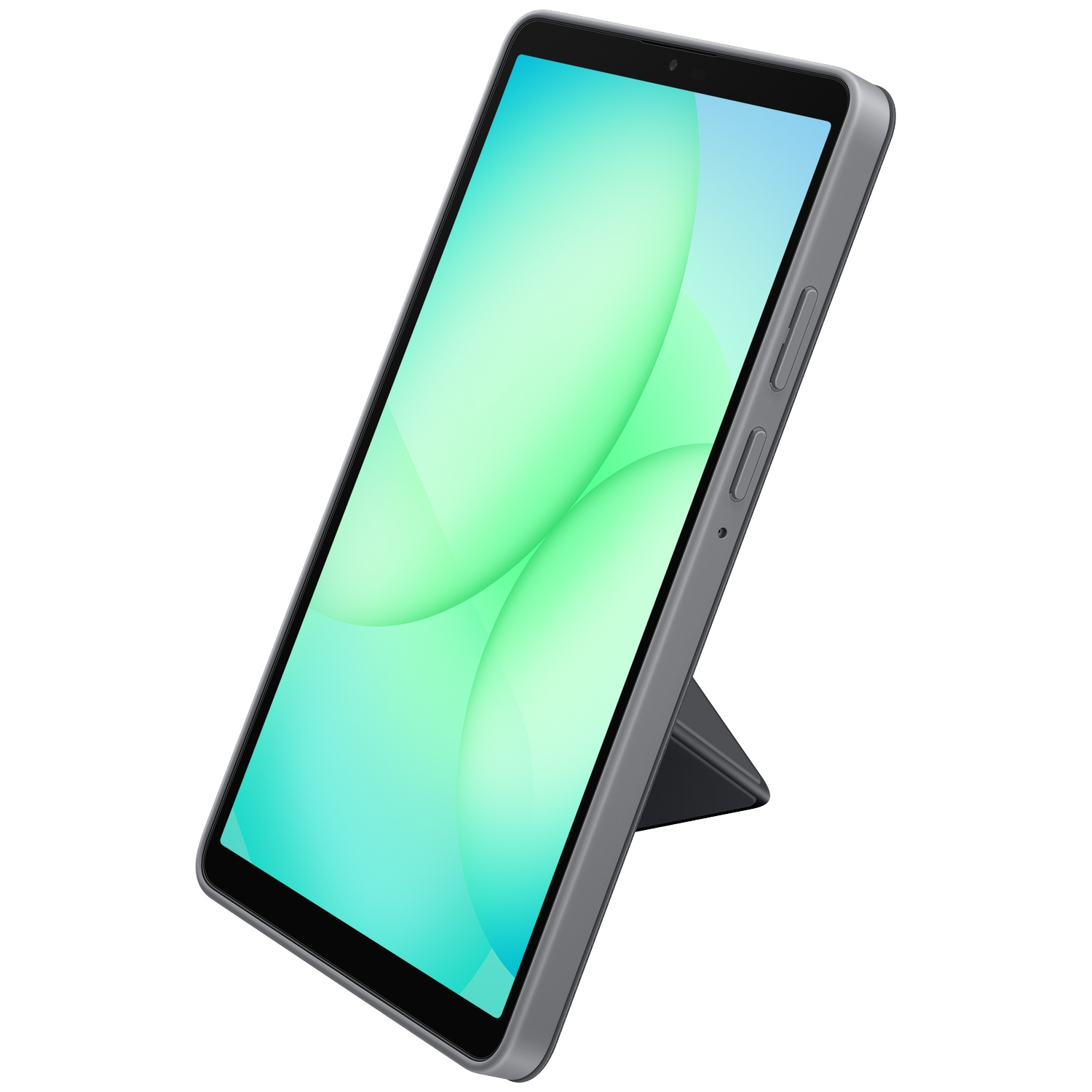 Tablette sur un support, en angle. L'écran affiche un dégradé vert et bleu. Étui gris. Le support est également gris.