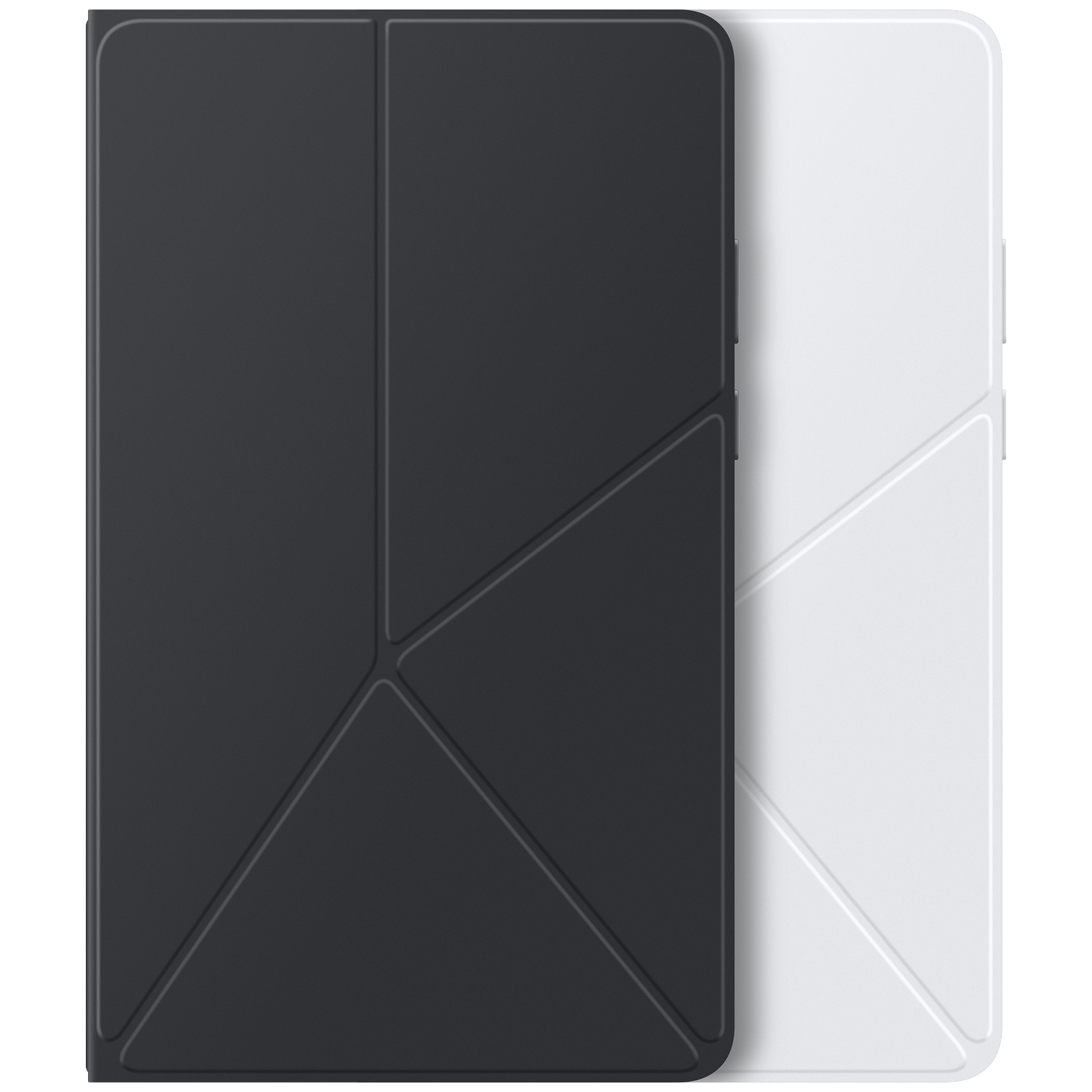 Deux étuis de téléphone, un noir et un blanc, sont présentés. Chaque étui a un design géométrique sur le devant et un couvercle.