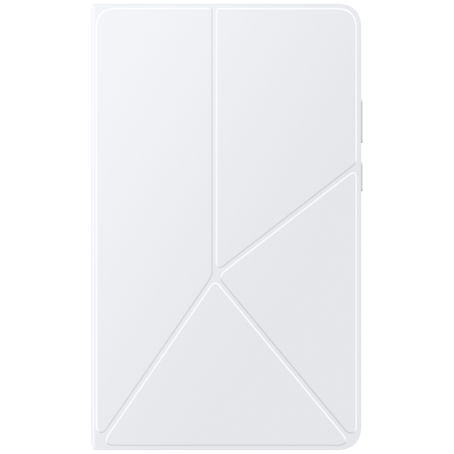 Une housse de tablette blanche avec un design géométrique. Elle possède une couverture pliante avec des lignes de pli visibles et une surface lisse.
