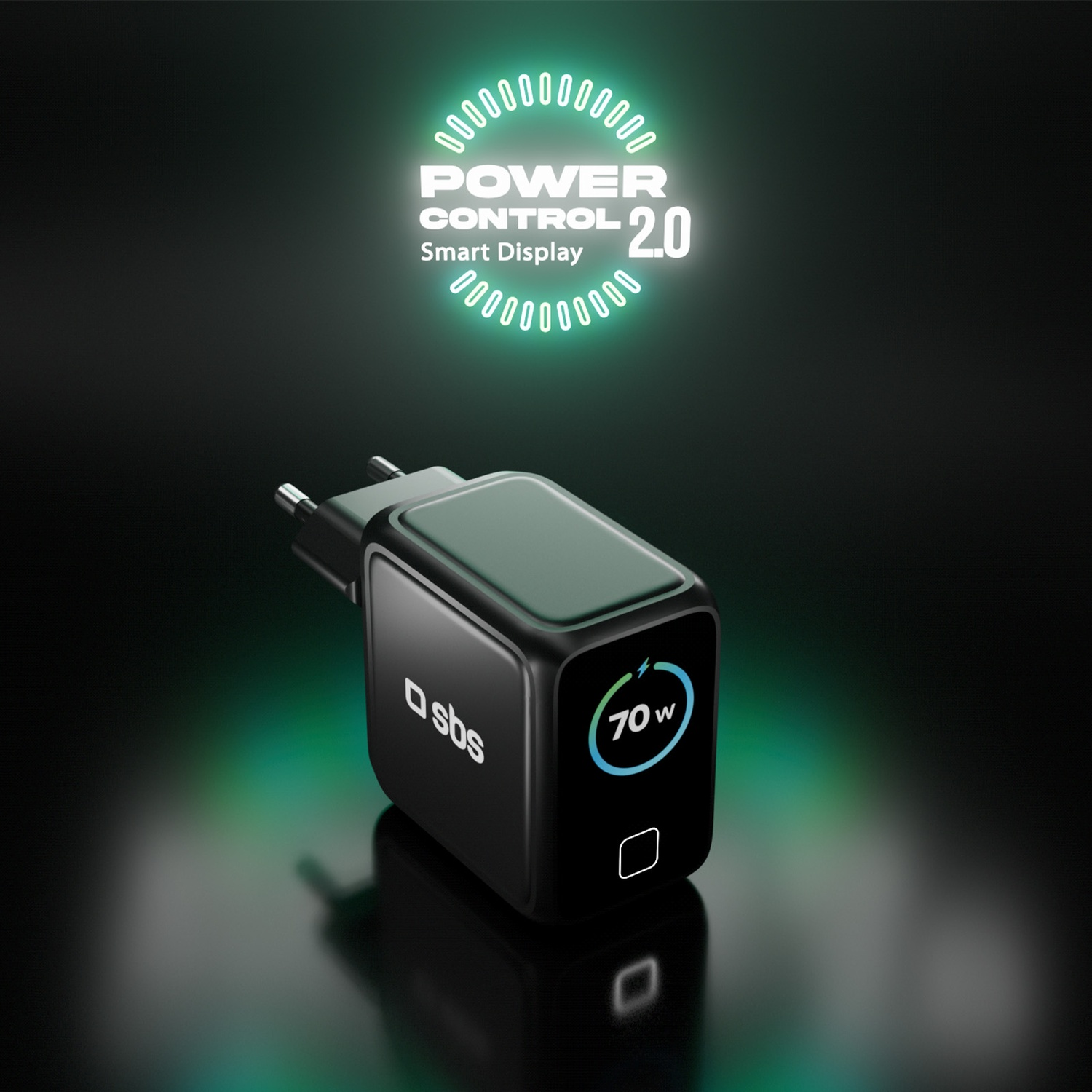 Adattatore di alimentazione nero con display digitale, mostra 70W e un'icona di ricarica. Il testo 'POWER CONTROL 2.0' è visibile.