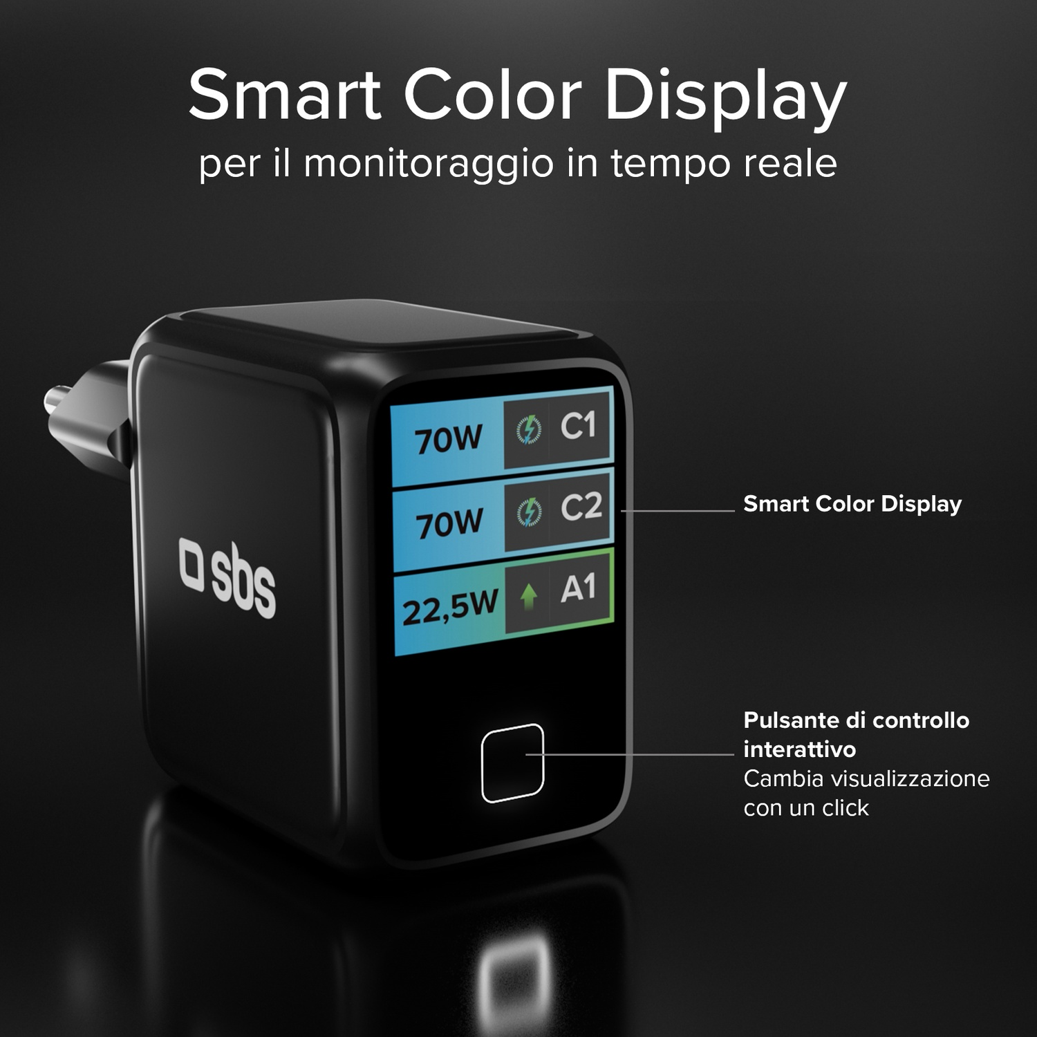 Un adattatore di alimentazione nero con display che mostra l'uscita di alimentazione. Il testo indica 'Smart Color Display'.