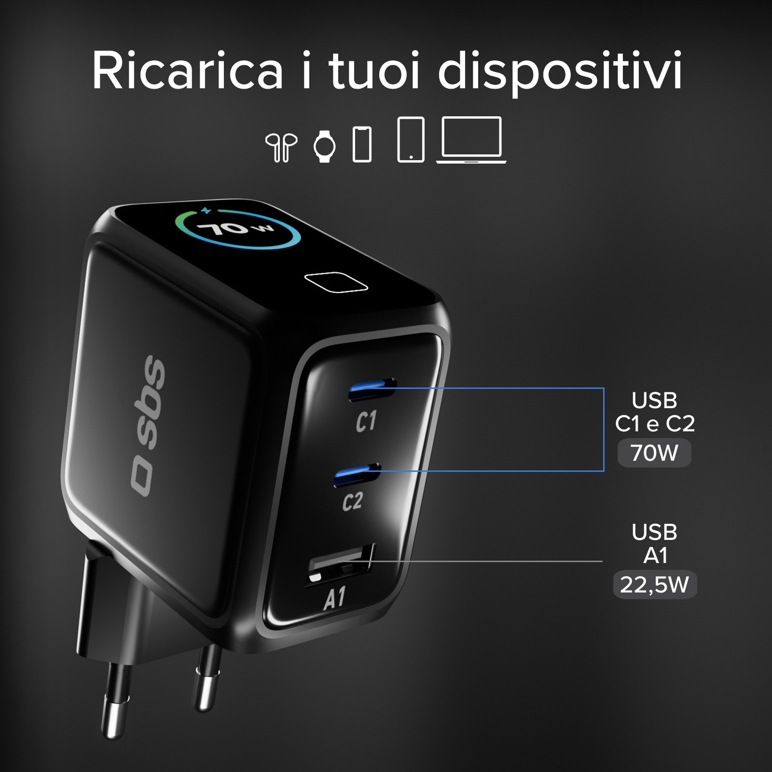 Caricatore nero con tre porte USB, una da 70W e l'altra da 22,5W. Il caricatore ha il marchio 'sbs'.