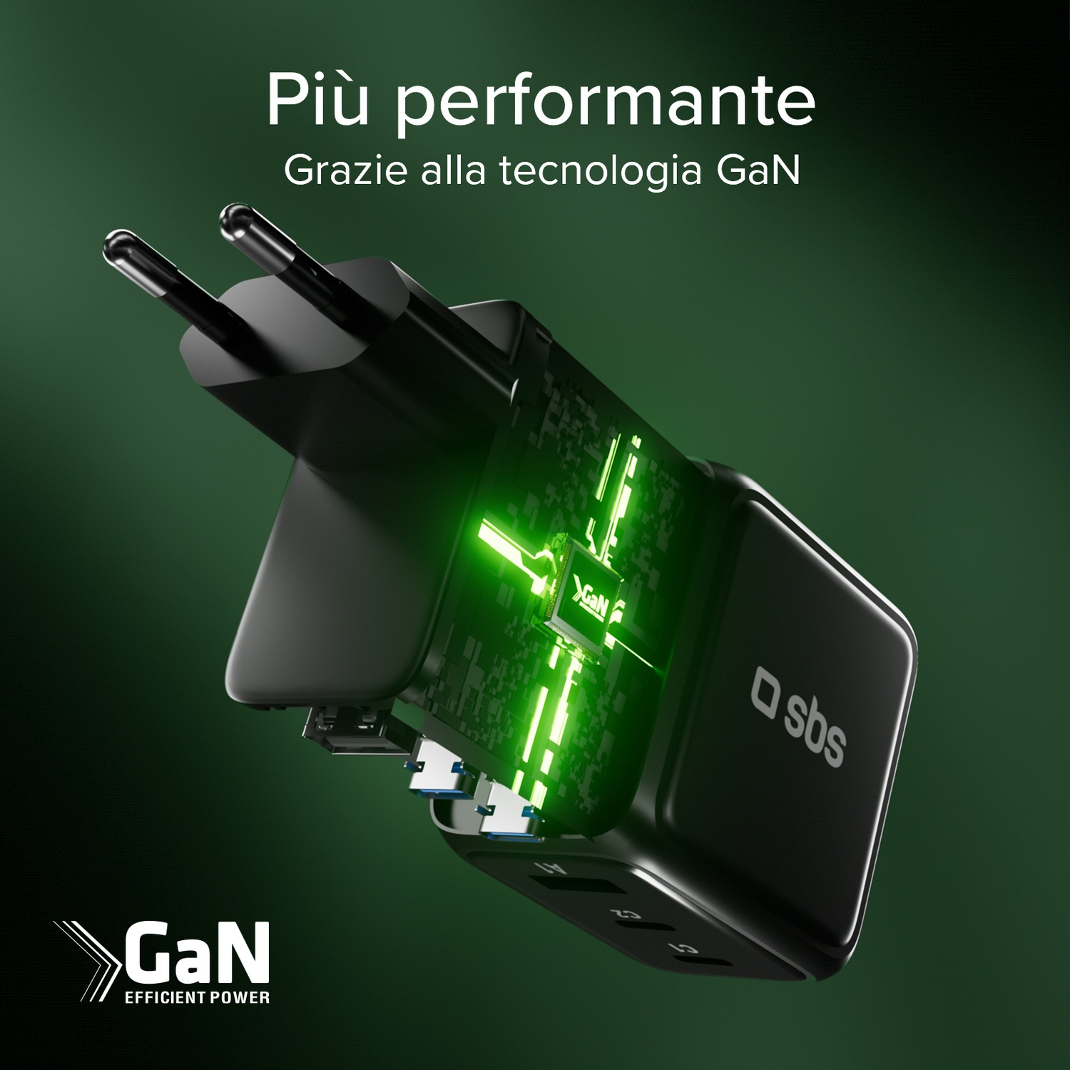 Caricabatterie nero con tecnologia GaN, circuito stampato verde brillante e testo bianco su sfondo verde. Il marchio è sbs.