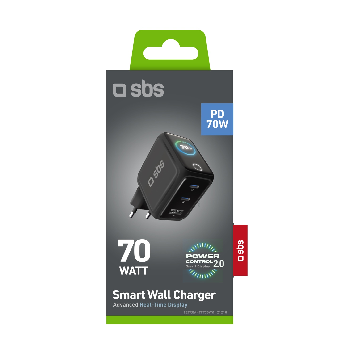 Una scatola nera di caricabatterie da muro intelligente SBS da 70W. Ha il testo PD 70W e un display intelligente. Il caricabatterie stesso è visibile.