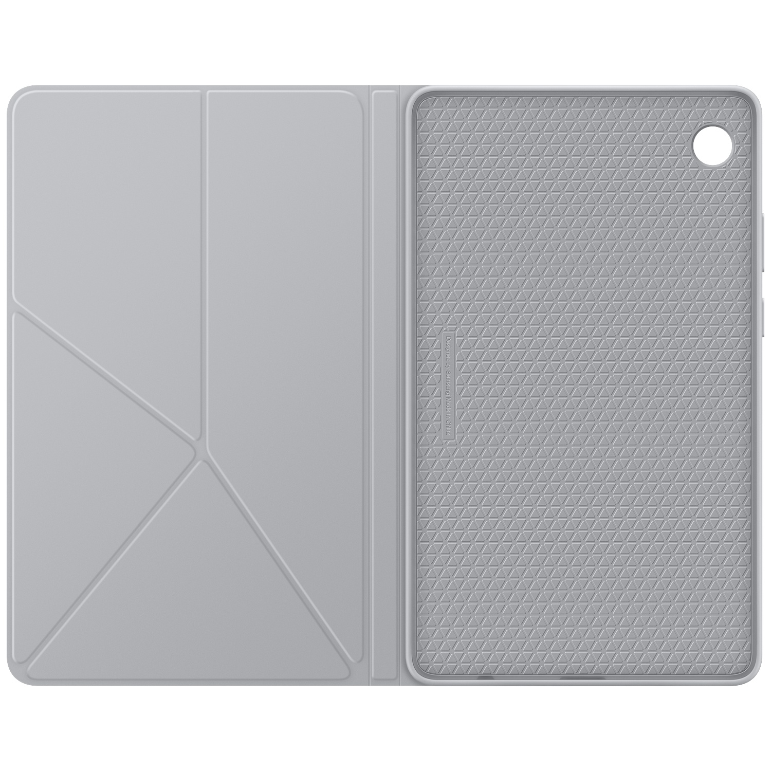 Étui de tablette gris ouvert. L'intérieur a un motif triangulaire texturé. Le couvercle a des lignes pliées et un trou circulaire.